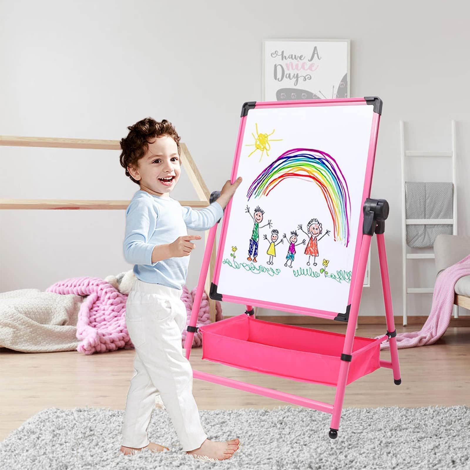Caballetes para Niños, Pizarra Para Niños,Pizarra con Caballete,Pizarra Caballete Infantil de Doble Cara con Altura Ajustable & Giratoria 360°(Rosa)