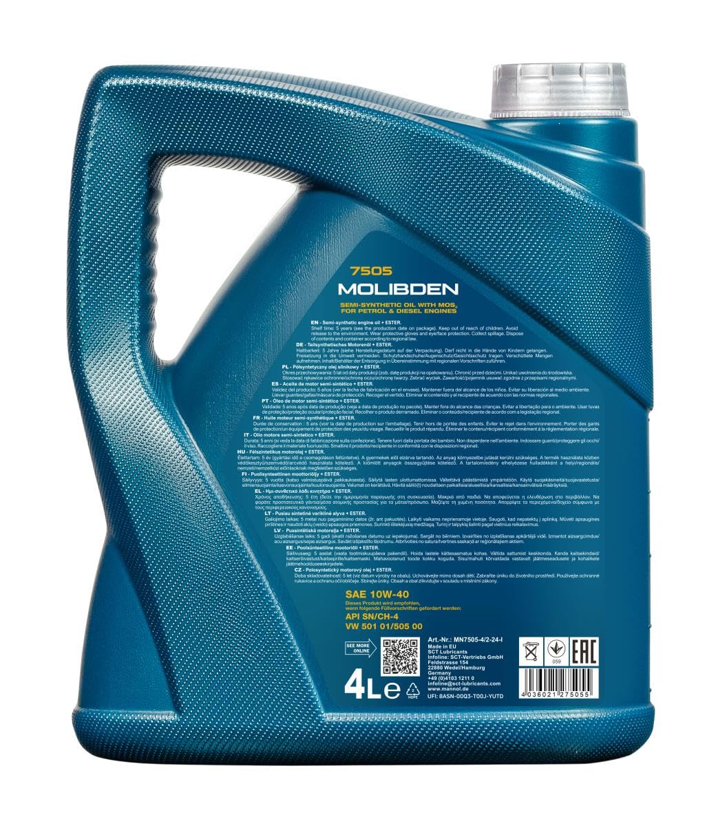 MANNOL Olio motore MOLIBDEN 10W-40 Olio parzialmente sintetico 4 L Compatibilità con PEUGEOT 206 2 volumi/Coda spiovente 2A/C 307 3A/C, RENAULT Clio 2 BB0/1/2, CB0/1/2, VW Golf 4 Hatchback 1J1