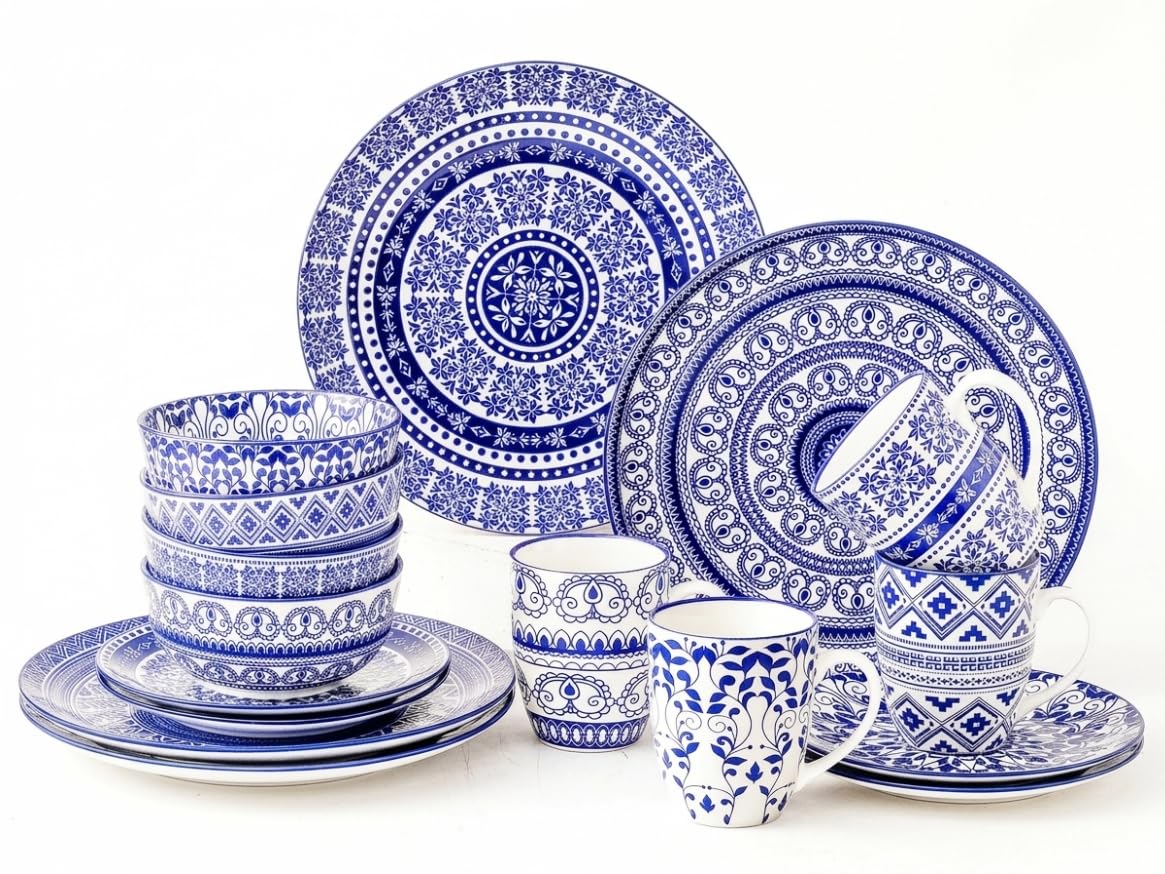 simpa 16PC Blue Florentine Porcelain Dinner Set. 4 Dinner Plates, 4 Side Plates, 4 Bowls & 4 Mugs. Dishwasher & Microwave Safe.
