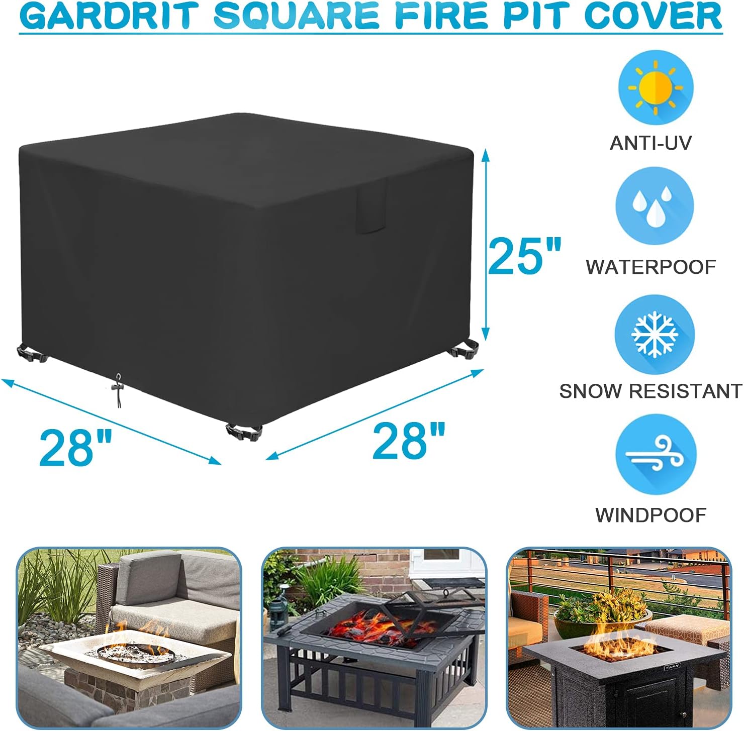 Fire Pit Cover Square 28x28x25inch - 100% Waterproof Firepit Cover - Heavy Duty 600D Oxford Fire Table Cover, All Weather Protection Outdoor Gas Propane Fire Pit Cover