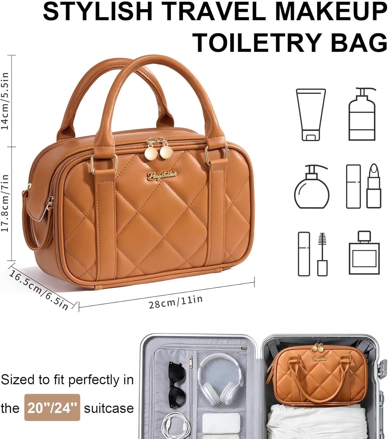 Travel Makeup Bag, Large Capacity Quilted Toiletry Bag for Women Stand-up Cosmetic Bag Open Flat Make Up Case Organizer Portable Pouch Purse w/Handle for Traveling Accessories, Brown - Image 2