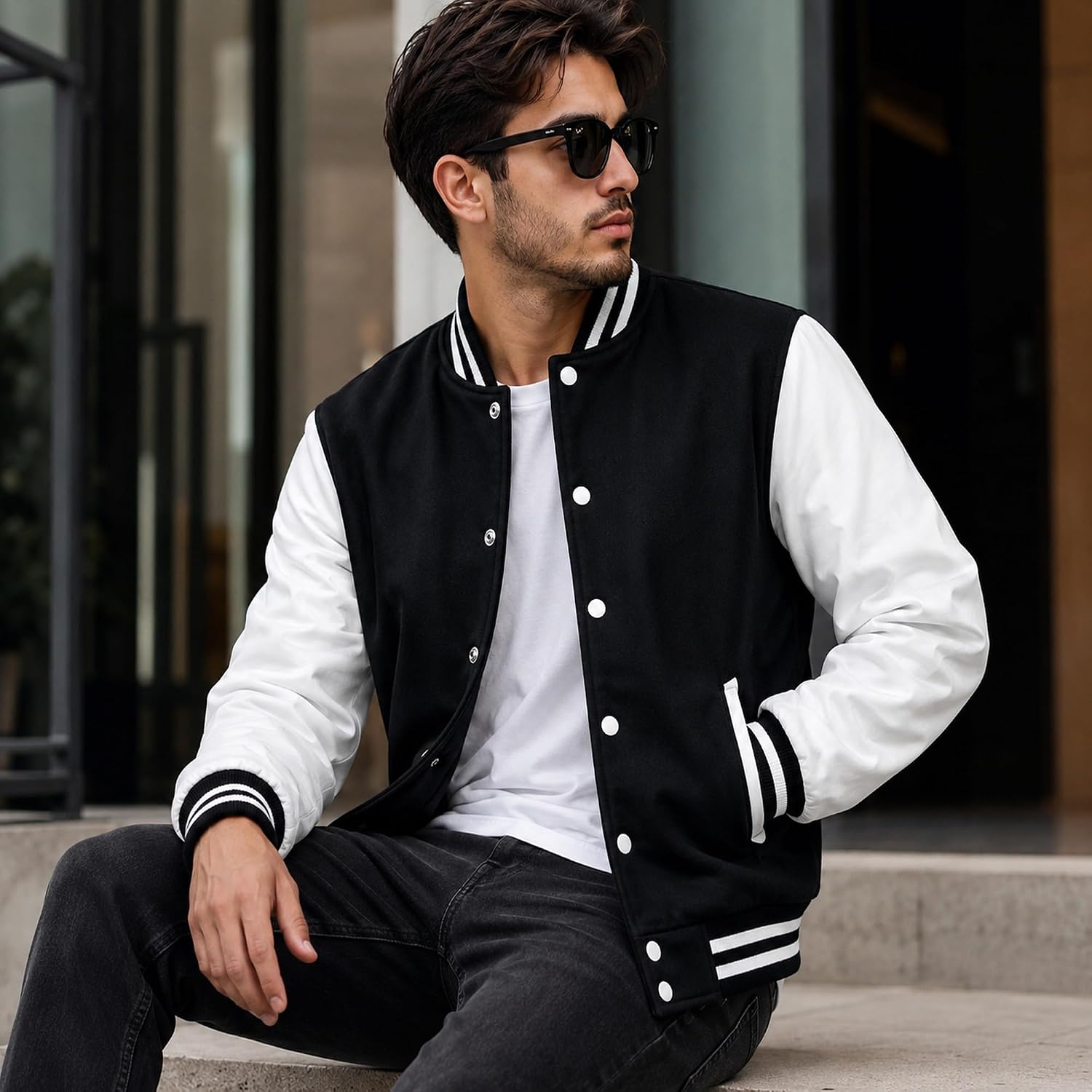 Varsity Jacket Men with Genuine Leather Sleeves and Wool Blend-Lightweight Baseball Jacket Men