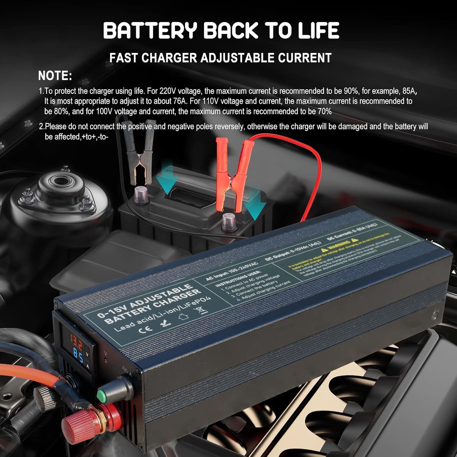 Cargador Batería LiFePO4 12V 100A, Regulación Voltaje Multivueltas 0-15V Preciso, Cargador Baterías 12.6V 14.6V Rápido, Terminales Positivo/Negativo Reemplazables