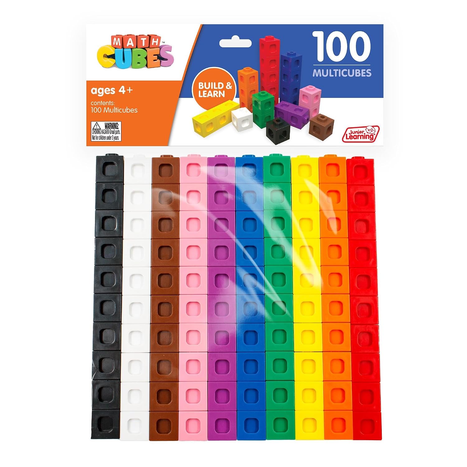Junior Learning: 100 Multicubes - Pack of 100 Multi-Colored Cubes, Build & Learn, Hands-On Math Learning & Development, Kids Ages 4+