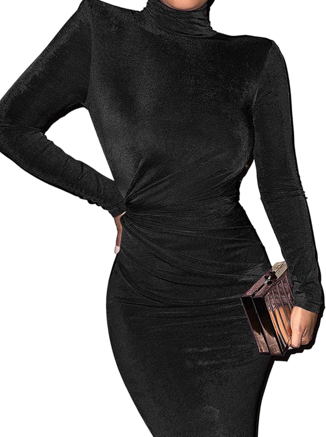 xxxiticat Women's Turtleneck Velvet Maxi Dress Long Sleeve Casual Wide Shoulder Pad Ruched High Neck Bodycon Dresses - Image 2