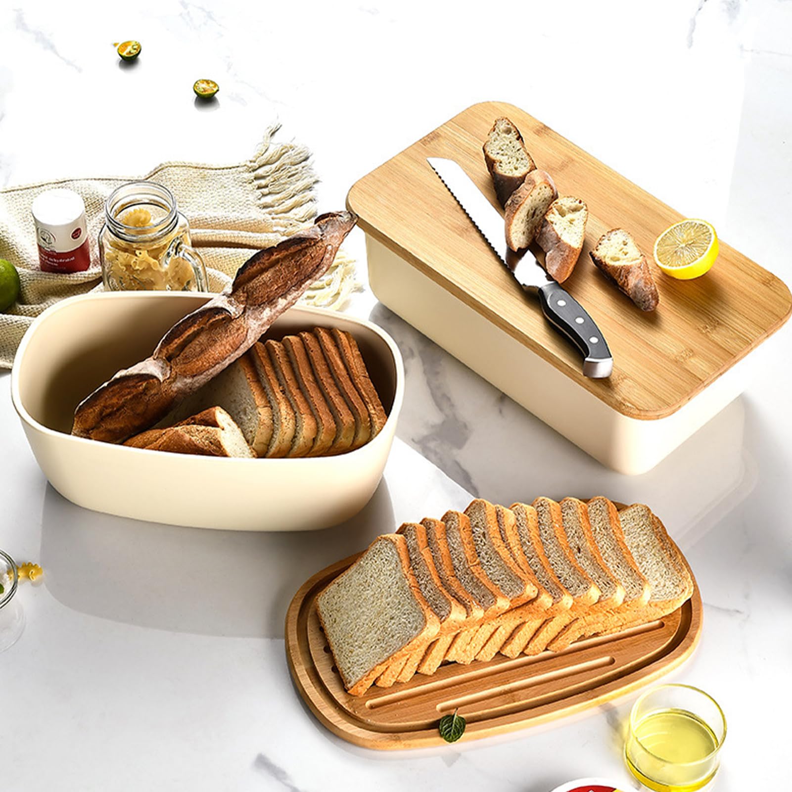 Paneras con tapa de bambú, panera con tabla de cortar, panera grande, panera de cocina, panera con tapa, cesta de pan moderna para una frescura duradera (rectangular)