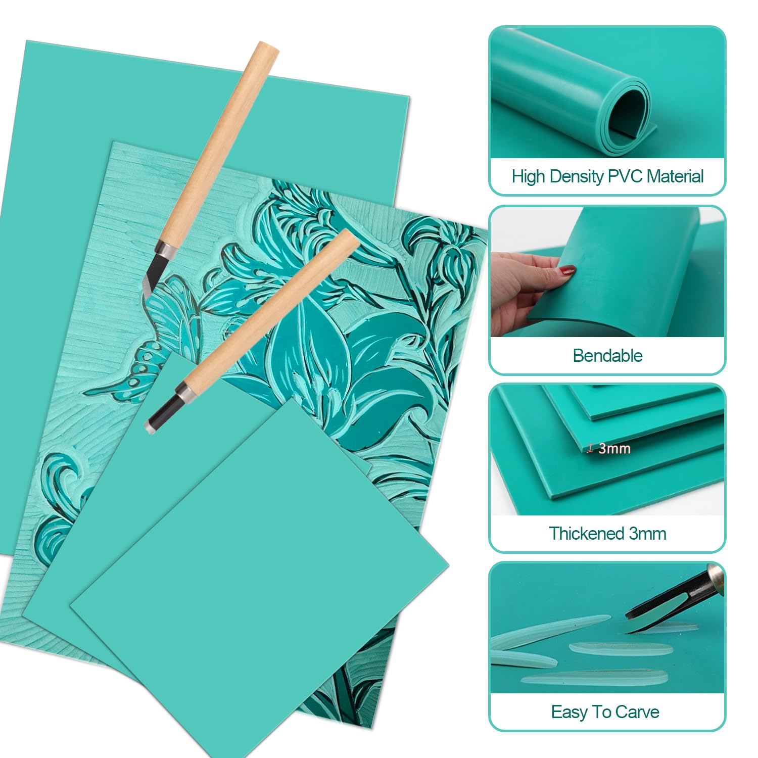 13 Pz Linoleum per Incisione A4 e A6 Gomma Eva Verde Spessore 3 mm Pannelli di Linoleum Gomma Crepla Include Coltello Intaglio Rullo Pietra per Affilare per Topografia Incisione Scrapbooking Pittura
