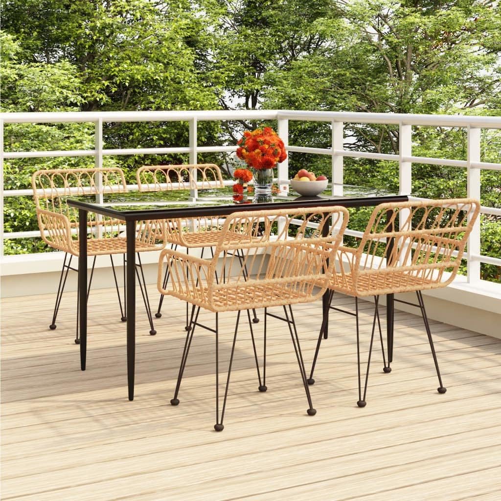 vidaXL 5-Piece Dining Set for Patio with PE Rattan, Steel Frame and Tempered Glass Tabletop – Comfortable Chairs with Backrest and Armrests – Includes Practical Footpads