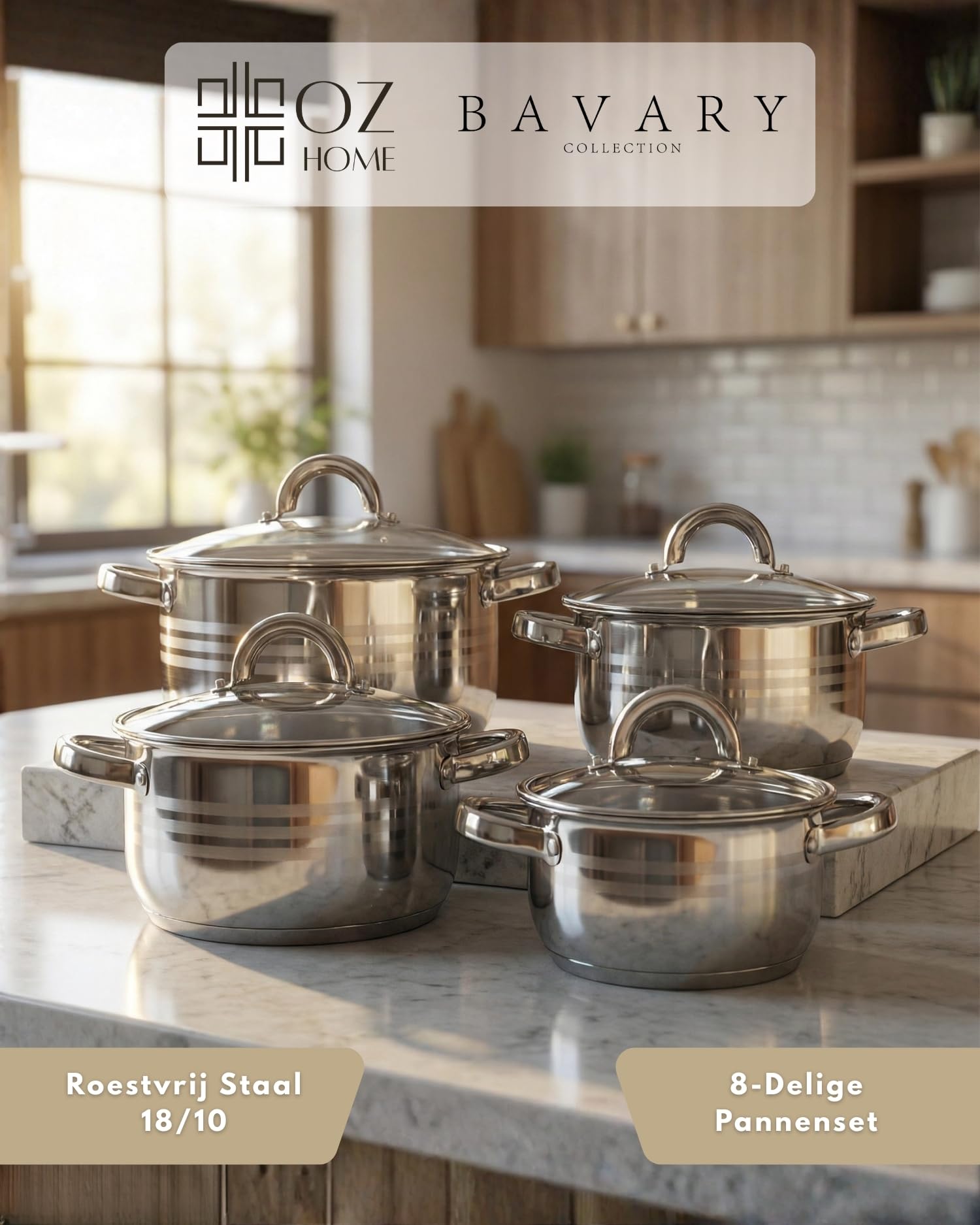 BAVARY Batterie De Cuisine Inox 18/10, 8-Pcs Casserole Inox - Faitout Induction - Batterie De Cuisine Induction Avec Casserole Induction & Couvercles Verre - Casserole Tout Feux, Ustensiles De Cuisine