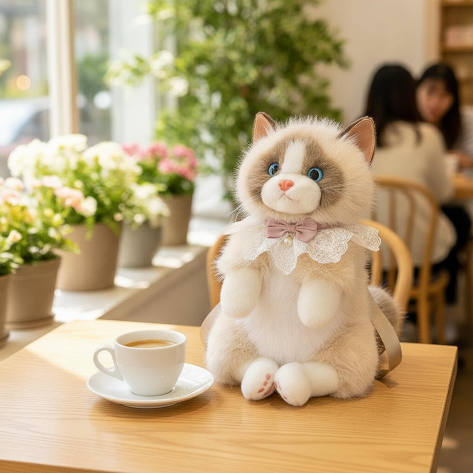 Qianly Peluche Gatto 55 Cm Multiuso Peluche Gatto con Bavaglino in Pizzo Coccoloso per Arredamento Camera, Caffè
