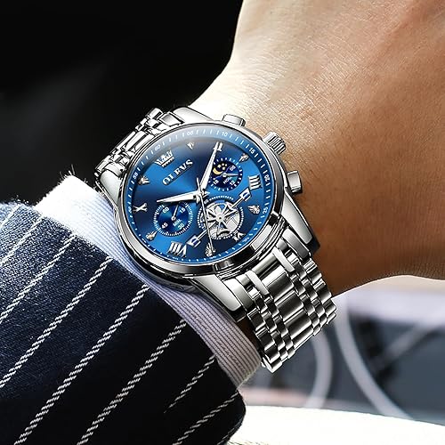 Miniatura 2 de OLEVS Reloj cronógrafo de acero inoxidable para hombre, cara grande, fácil de leer, números romanos con detalles de diamante, relojes de vestir