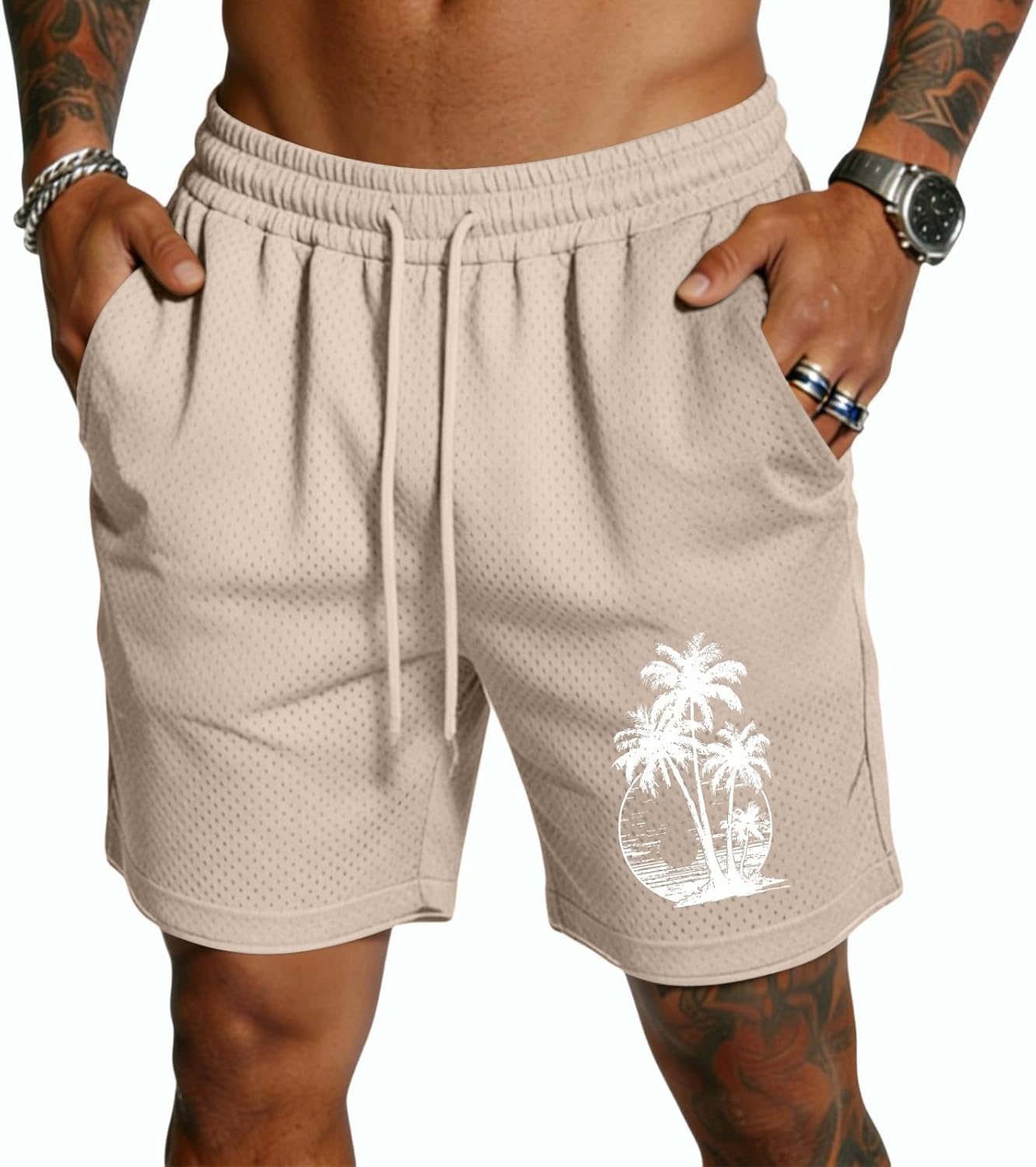 Ymosrh Men's Casual Shorts Lightweight Quick Dry Hawaiian Palm Tree Print Athletic Workout Beach Shorts S-3XL