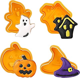 Halloween Cookie Cutter Set - 4 Pieces Holiday Cookies Molds - Pumpkin, Witch Hat, Haunted House, Troublemaker - Cookie Cu...