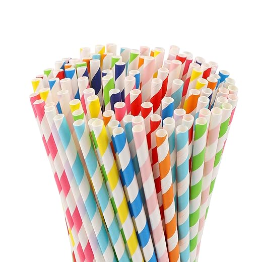 100 Pcs Biodegradable Paper Straws, Assorted Rainbow Colors Striped, 10 Colors for Drinks, Parties, Crafts