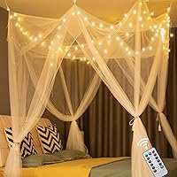 Obrecis White Princess Bed Canopy with Warm White LED Star Lights & Remote - Fits Twin Full Queen King Beds for Girls Bedroom Decor
