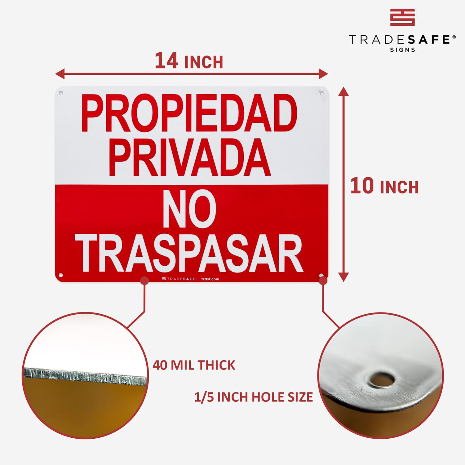 TRADESAFE Private Property No Trespassing Sign - Propiedad Privada No Traspasar Spanish Sign, Quick Install, Light Reflective, UV-Resistant, Waterproof, 14” X 10” Aluminum Safety Signs