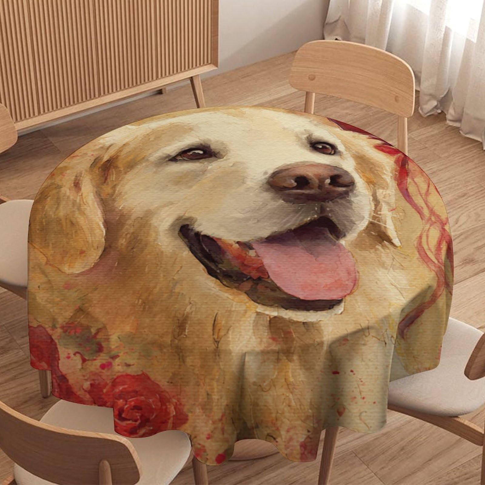 LUYYSKY Realistic Watercolor Dogs Round Tablecloth Classic Anime Roses Flowers Animals Puppies Heart Balloons Pattern Washable Decor for Table Cover for Kitchen-127 Wx127 L cm
