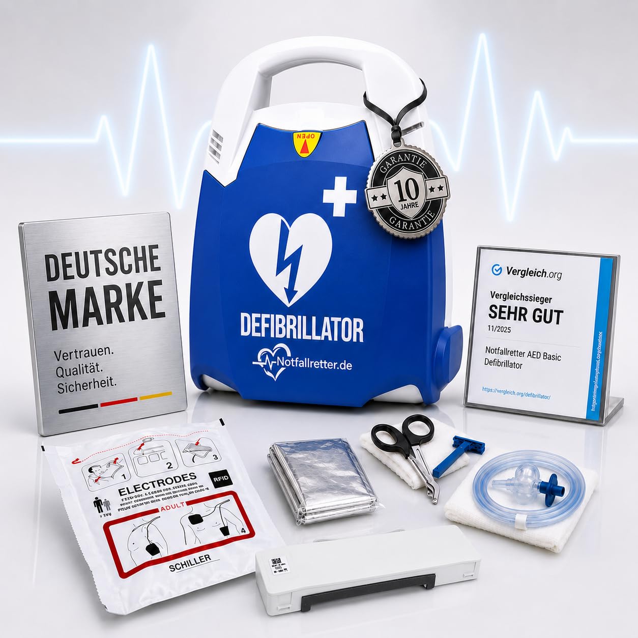 AED Defibrillator Vollautomat, Defibrillator für Zuhause [10 Jahre Garantie] mit Erste Hilfe Set, Autostart, 6 J. Batterie, Defibrillator für Betrieb, Verein & Praxis, Notfall Ausrüstung First Aid Kit