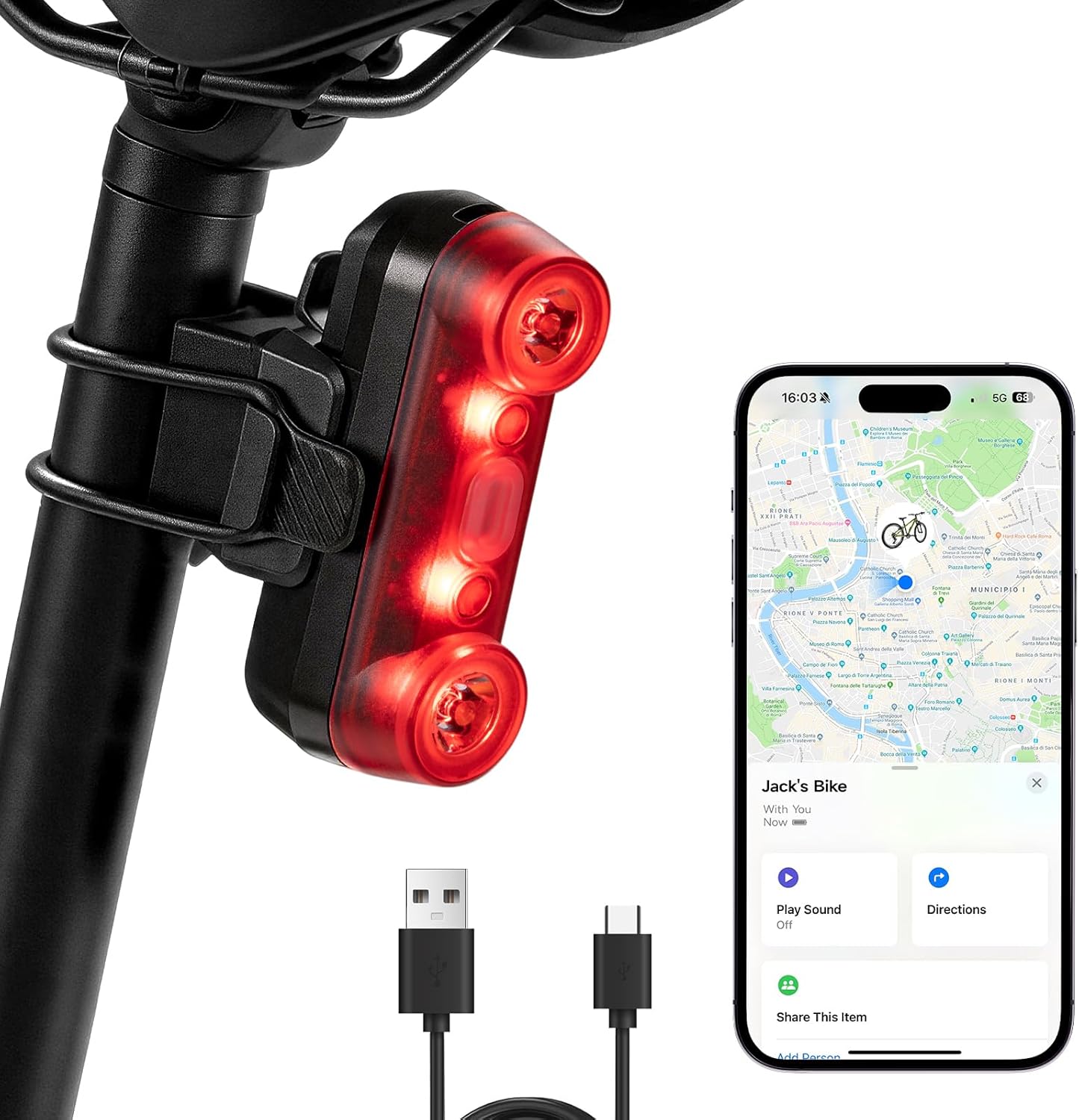Bright Rear Bike Light with Built-in Hidden Anti-Theft GPS Tracker (iOS Only), USB-C Rechargeable & Waterproof Safety Bicycle Taillight for Night Cycling, Road & Mountain Bikes, Easy Strap Attachment