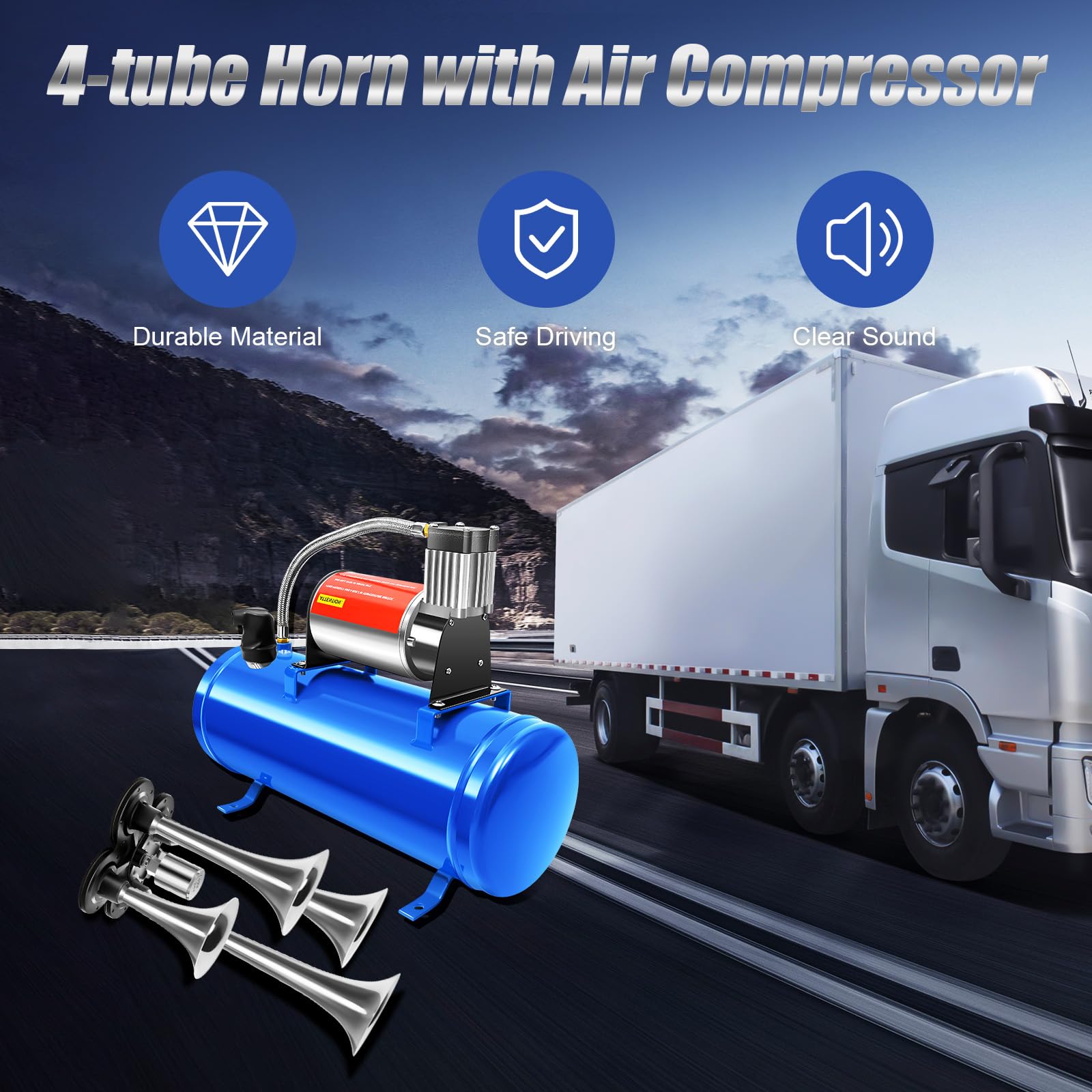 Compressore d'aria da 150 dB, 12 V, 4 Trumpet Train Air Horn Kit e compressore d'aria da 150 PSI con serbatoio da 6 l, per auto, camion, treno, furgoni, barche, blu