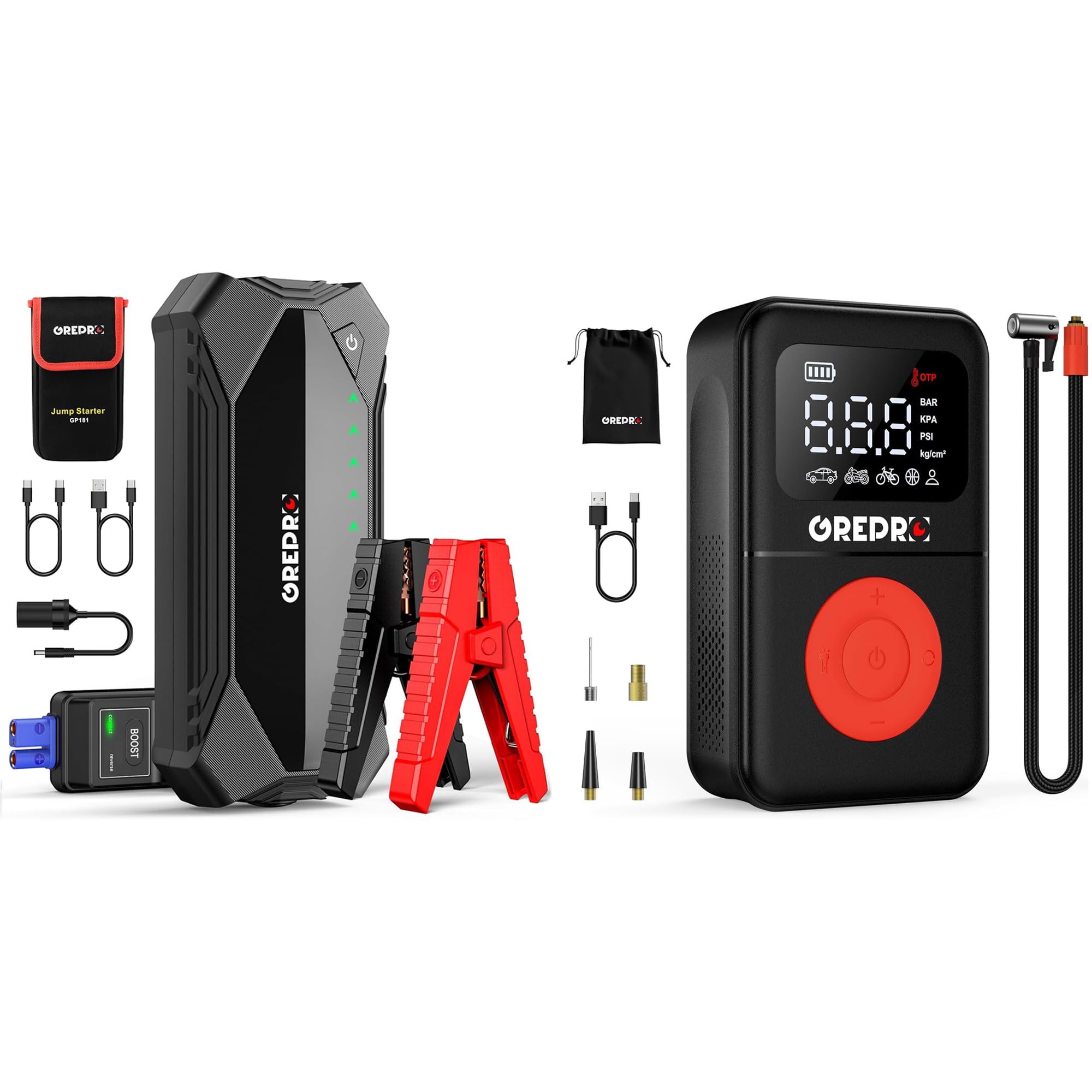 GREPRO3000A Car Jump Starter (10L Gas & 8.0L Diesel Engines) &Tire Inflator Portable Air Compressor, 160 PSI Portable Air Pump, 3X Faster Air Pump with Digital Pressure Gauge