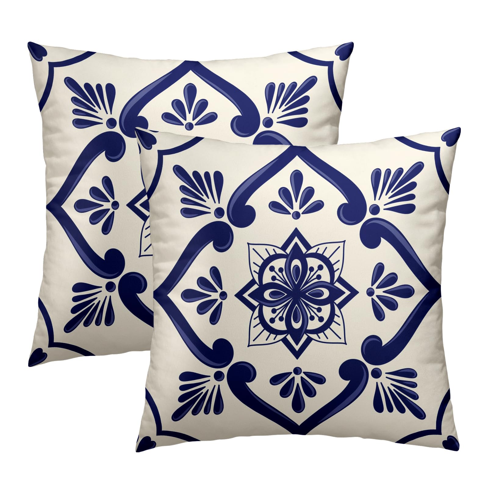 Cafl Mexican Blue and White Floral Geometric Throw Pillow Covers Scandinavian Minimalist Pillowcases Cushion Cover 18x18 Inch for Room Sofa Chair Bed