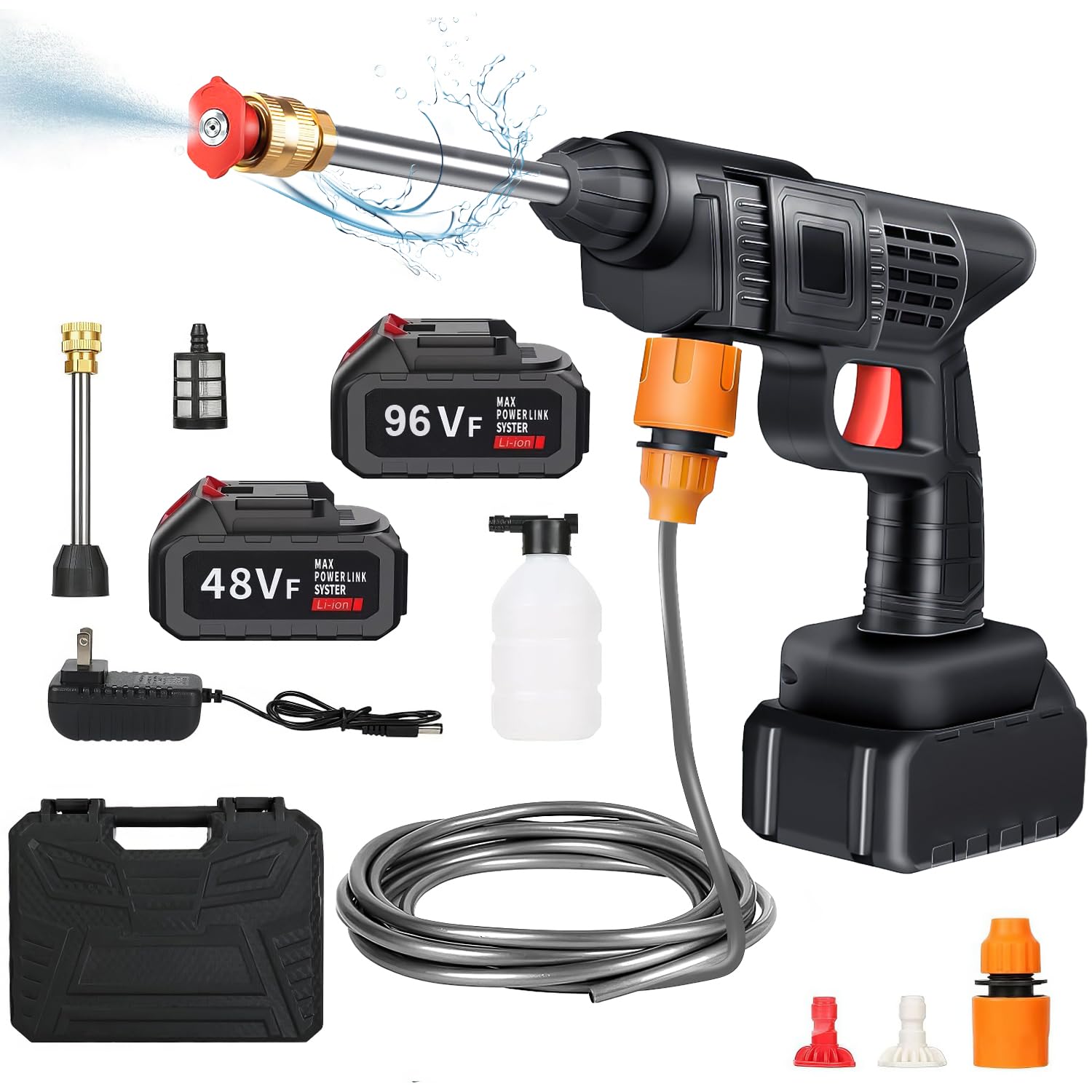 96V Hidrolavadora Inalambrica(2 Batería),Hidrolavadora Portatil con  Manguera 5m y 3 Boquillas,Pistola de Lavado de Alta Presión,Lavadora a  Presión Portátil para Limpieza de Coches,Vallas,Pisos y Riego :  Amazon.com.mx: Jardín