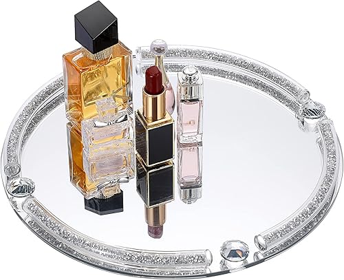 JUXYES Bandeja decorativa de diamante triturado, bandeja de maquillaje brillante para cosméticos, bandeja de tocador con espejo, bandeja decorativa