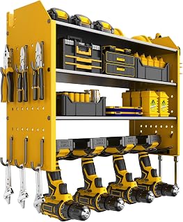 JIUNENG Soporte de pared para herramientas de 4 niveles, almacenamiento para 4 herramientas eléctricas, portaherramientas para garaje y taller (amarillo)