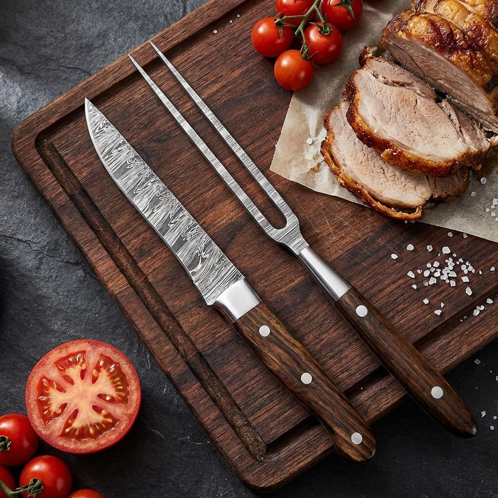 Premium Handcrafted Fork and Steak Knife Set Damascus Steel Carving Set Walnut Handles Elegant Dining Knives Set