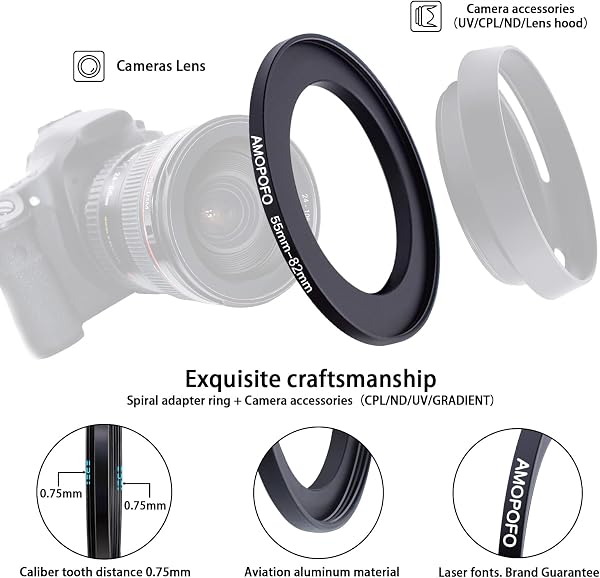 55mm Lens to 82mm Camera Filter Ring,55mm-82mm Step Up Ring For Filters,Made Of CNC Machined aluminum.for 82mm UV,ND,CPL Camera Filter accessories - 3