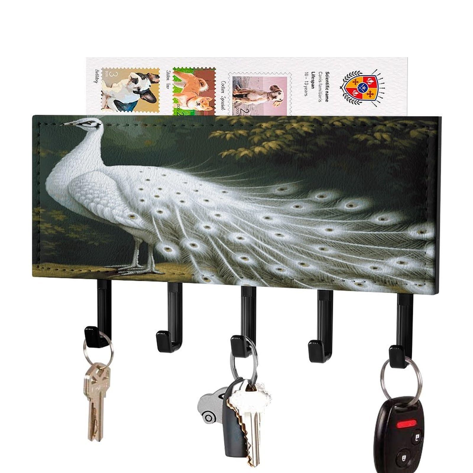 LDGSUPH White Peacock_78030696 Key Holder Wall Mount Key Hanger with 5 Hooks Fashion Key Organizer Rack Hanging Key Hooks with Mail Organizer Key Rack for Home Entryway Hallway Black-Style
