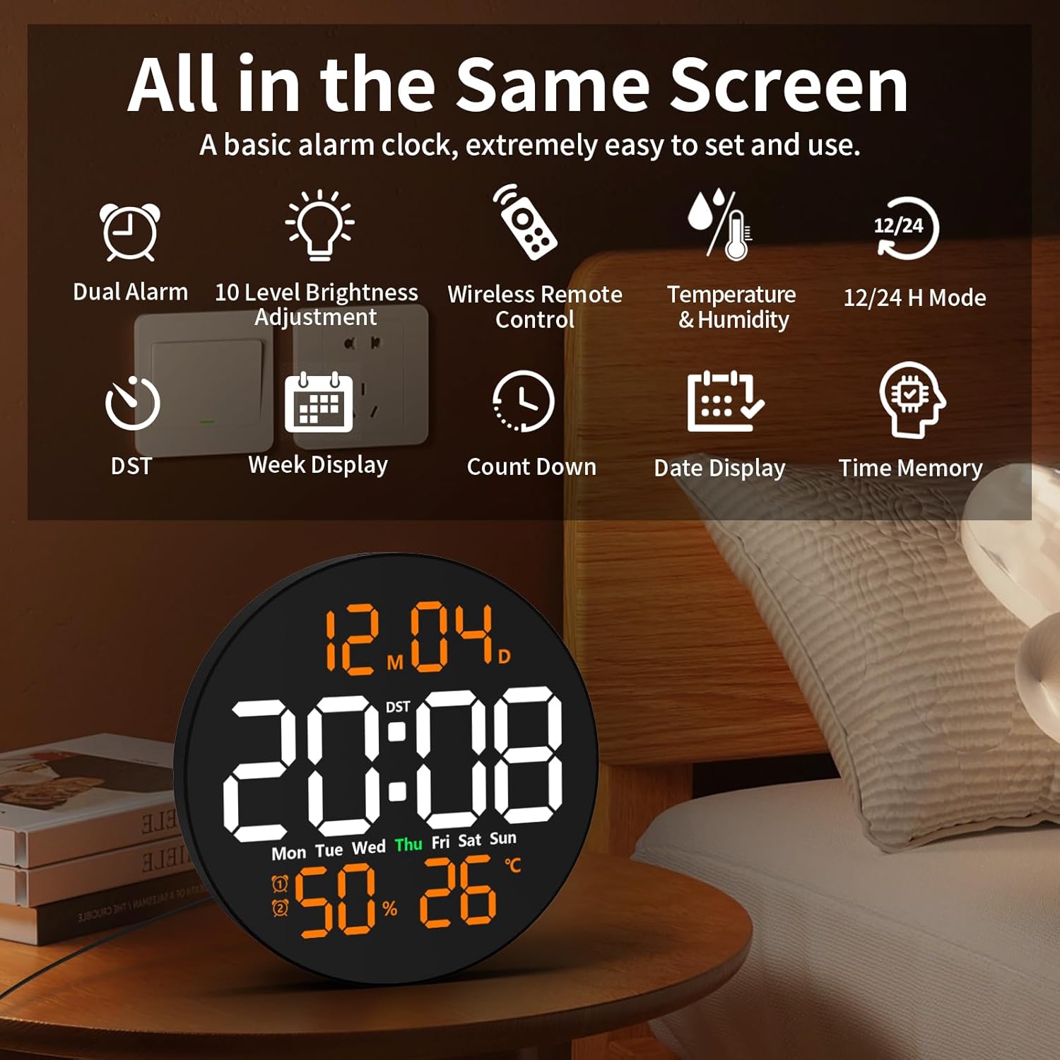 Digital Wall Clock with Remote Control, 10" LED Clock with Large Display, Modern Electric Wall Clock for Classroom, Office, Auto-Dimming with Temperature, Humidity, Timer, DST, LED Wall decor(Orange)