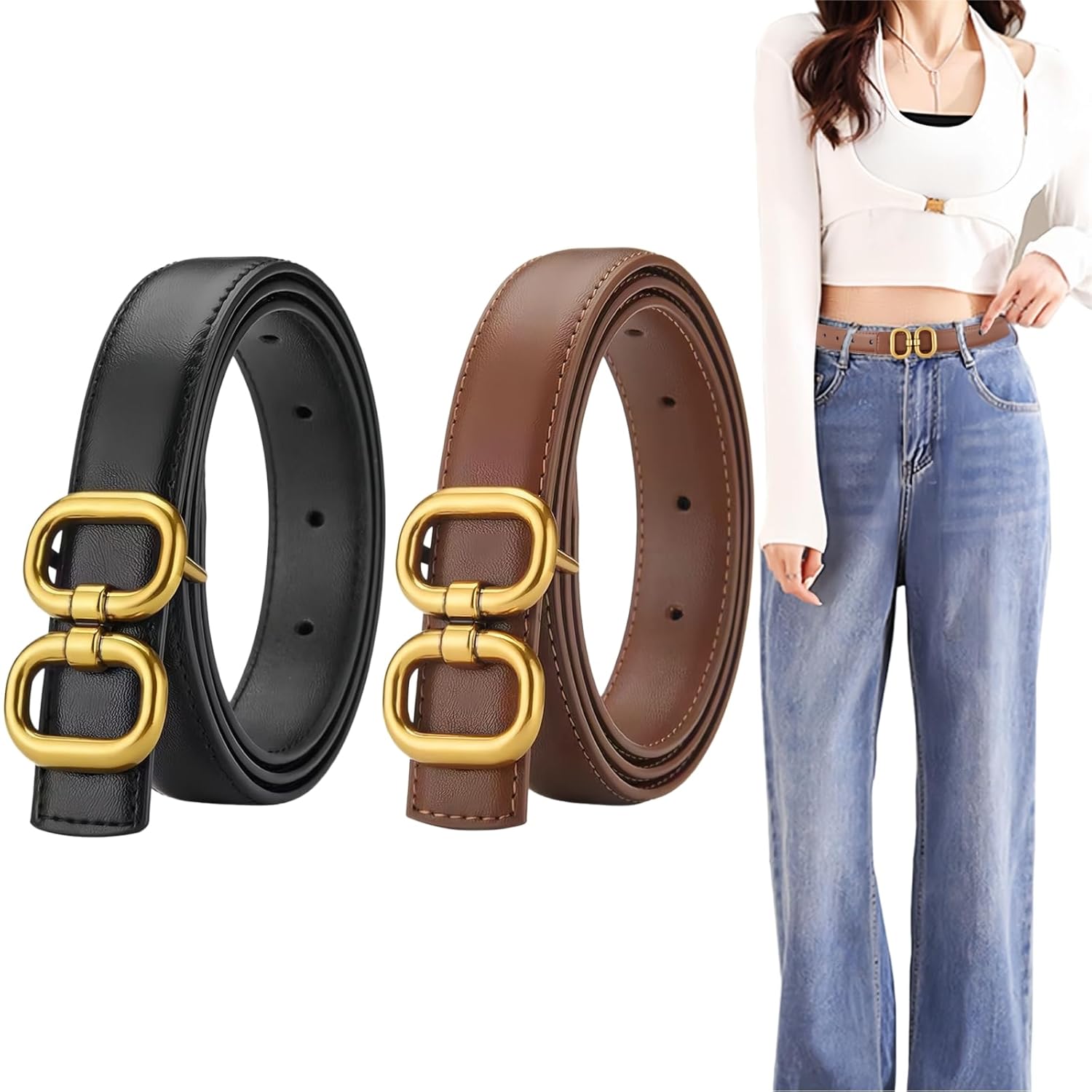 2 Pieces Belts for Women, PU Leather Belt With Gold Buckle, Womens Belts for Jeans Dress Waist Belt for Ladies