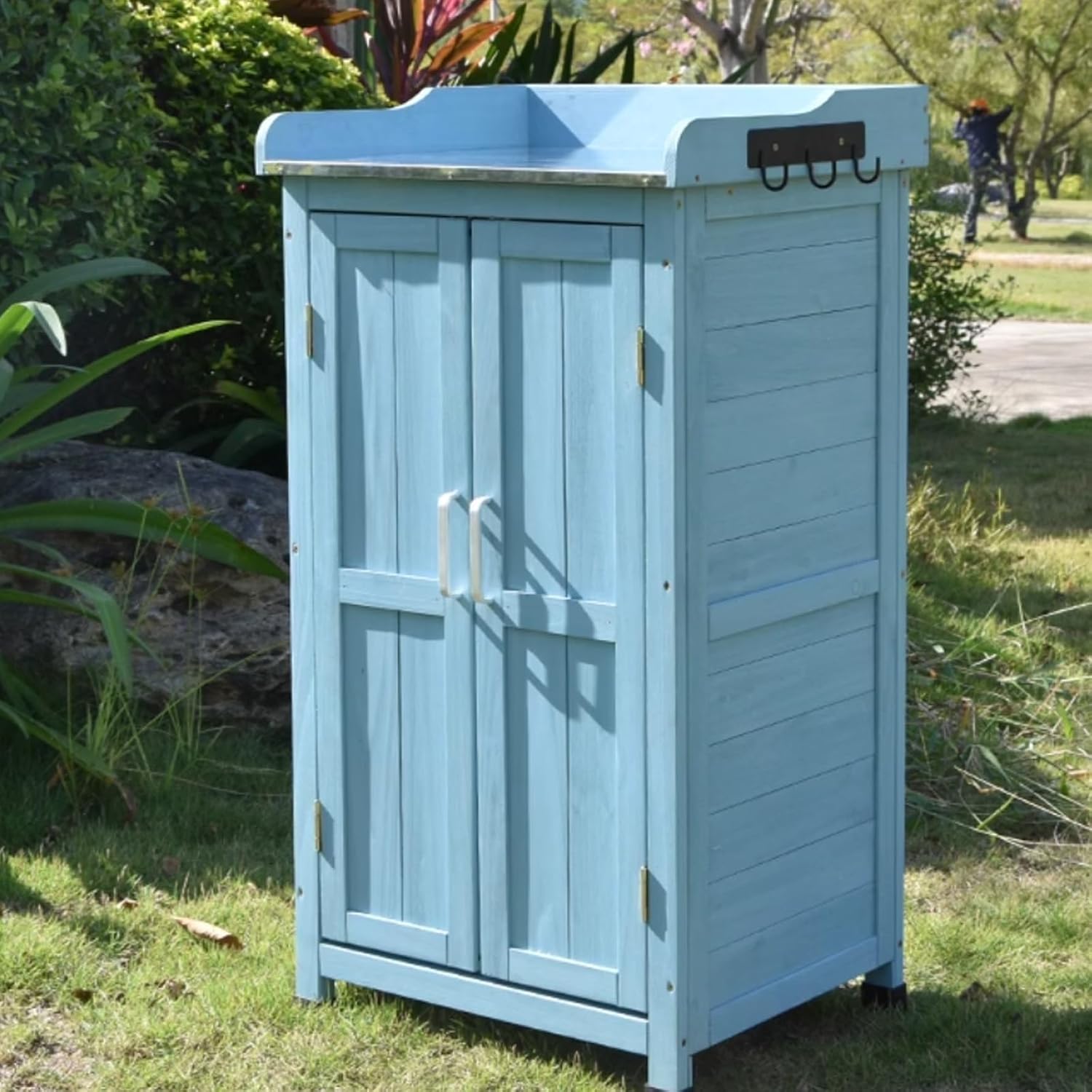 Wooden Outdoor Storage Cabinet Garden Tool Cabinet Balcony Shoe Cabinet Waterproof Sundries Box Adjustable Height of Shelves(Blue,50x43x95cm)