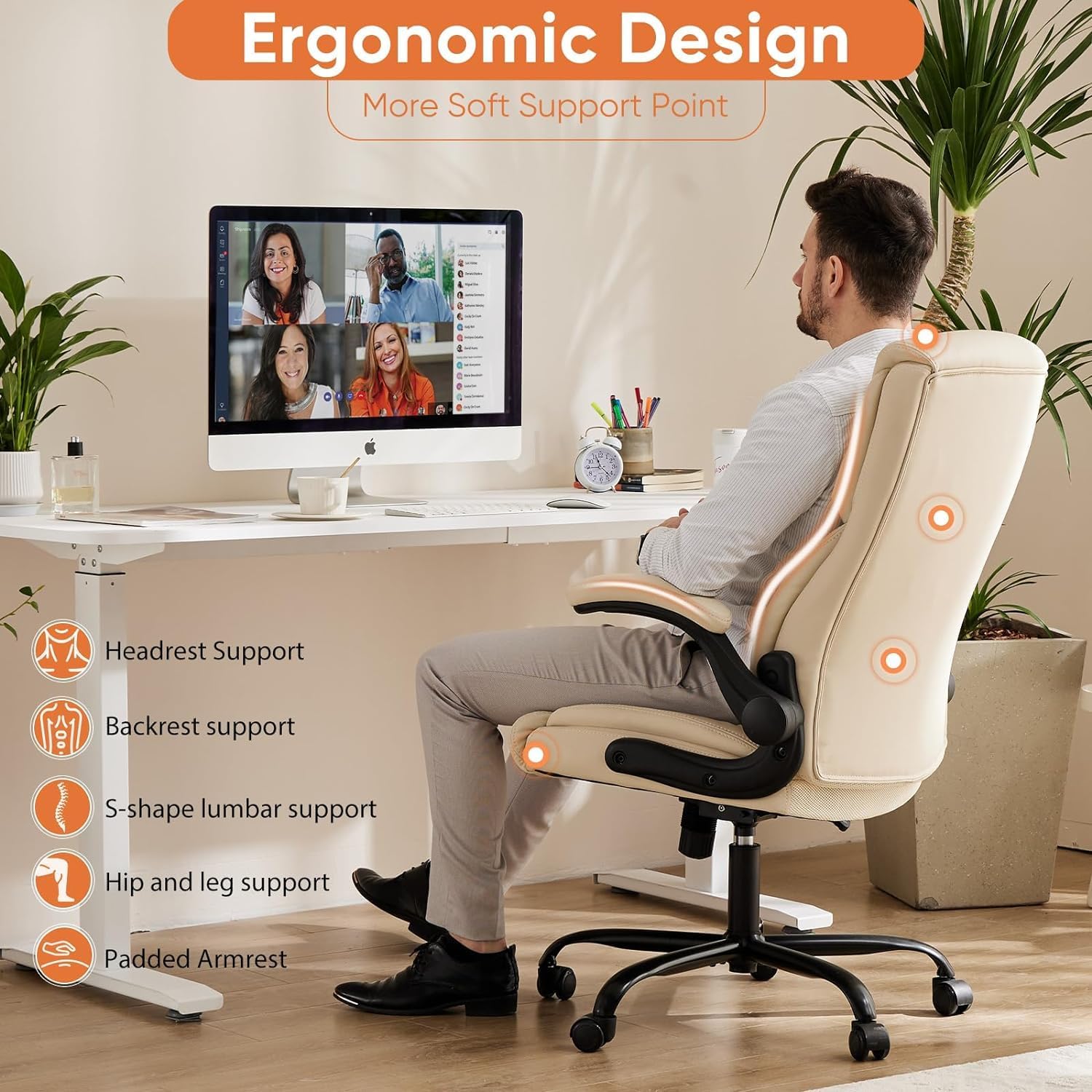 Adjustable Adjustable Beige Ergonomic Office Chair with Flip-Up Arms and Heavy-Duty Design Adjustable Beige Ergonomic Office Chair with Flip-Up Arms and Heavy-Duty Design