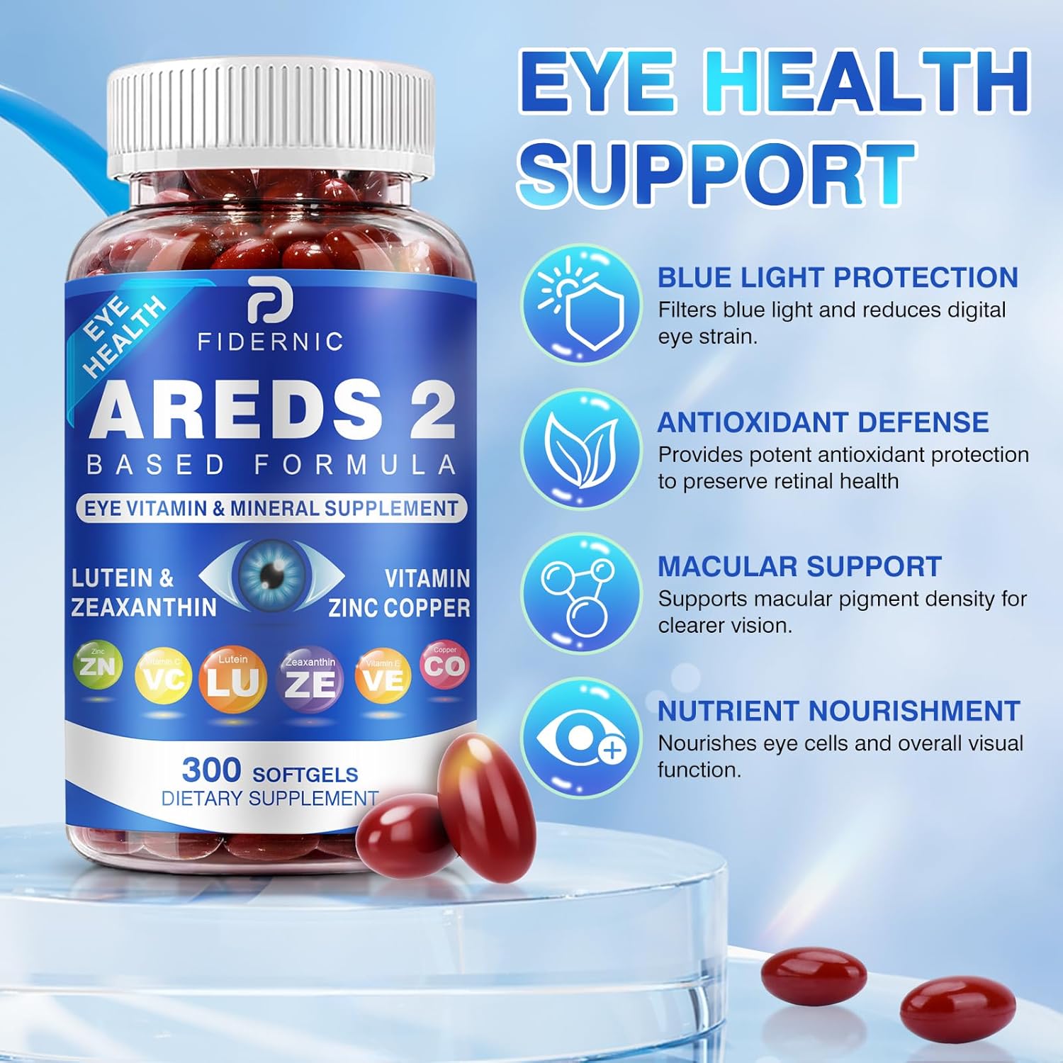 AREDS 2 Eye Vitamin & Mineral Supplement — Lutein and Zeaxanthin Supplement, Vitamin C & E, Zinc & Copper for Blue Light Protection, Eye Health Support, Eyebright , Eye Doctor Trusted — 300 Softgels - Image 3