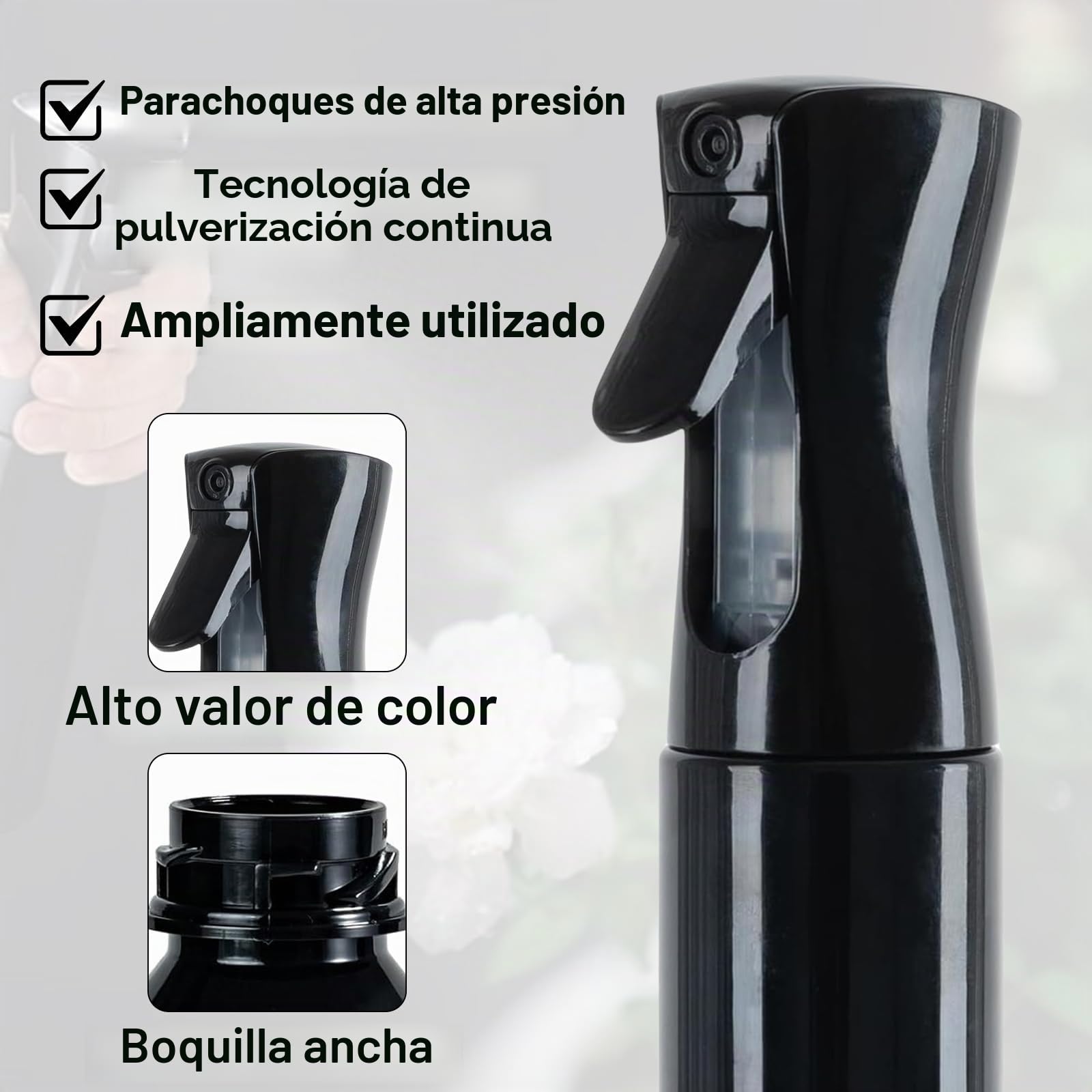 2 botellas de spray para el cabello de 200 ml con niebla fina continua para plantas, limpieza, alcohol, etc. (negro)