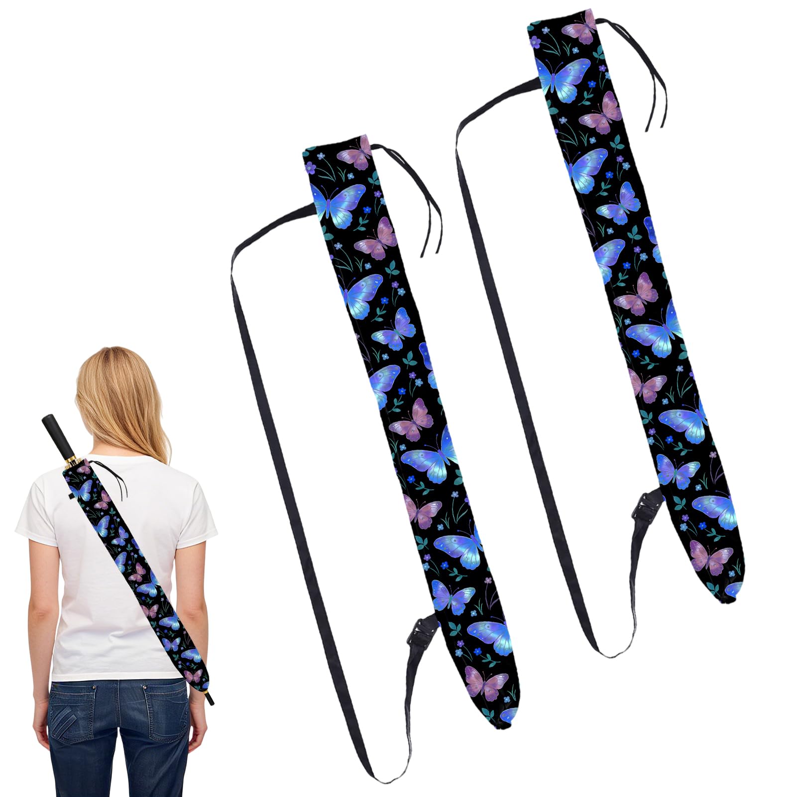 NICENEEDED 2 PCS Umbrella Storage Pouch with Adjustable Shoulder Strap, 10 x 83 cm Waterproof Dustproof Butterfly Umbrella Protective Cover, Portable Rain Umbrella Cover for Easy Carrying Travel