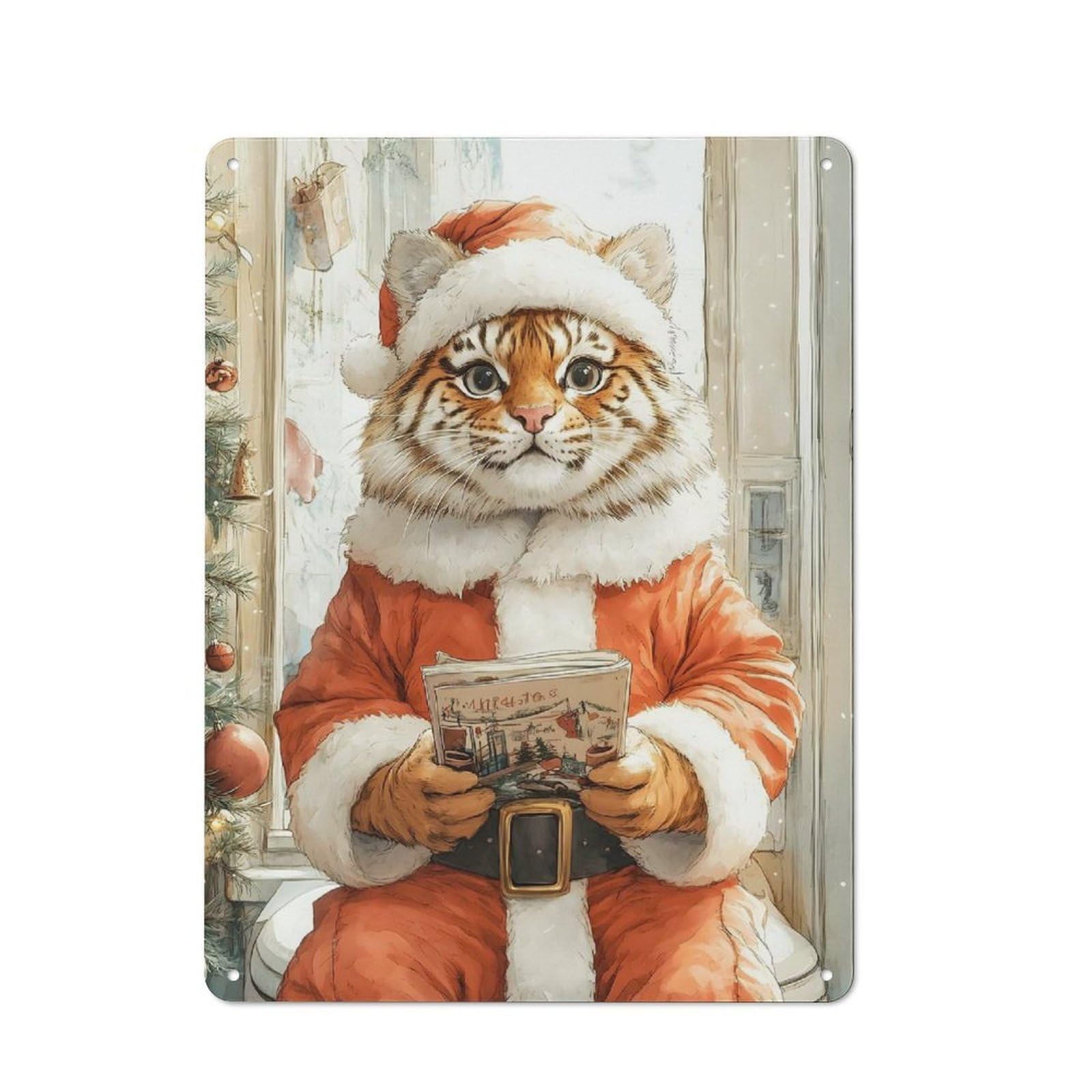 Tiger Santa Claus Metal Wall Plaque 40x30cm, Simple Retro Office Wall Decor for Office, Study, Studio Or Hallway