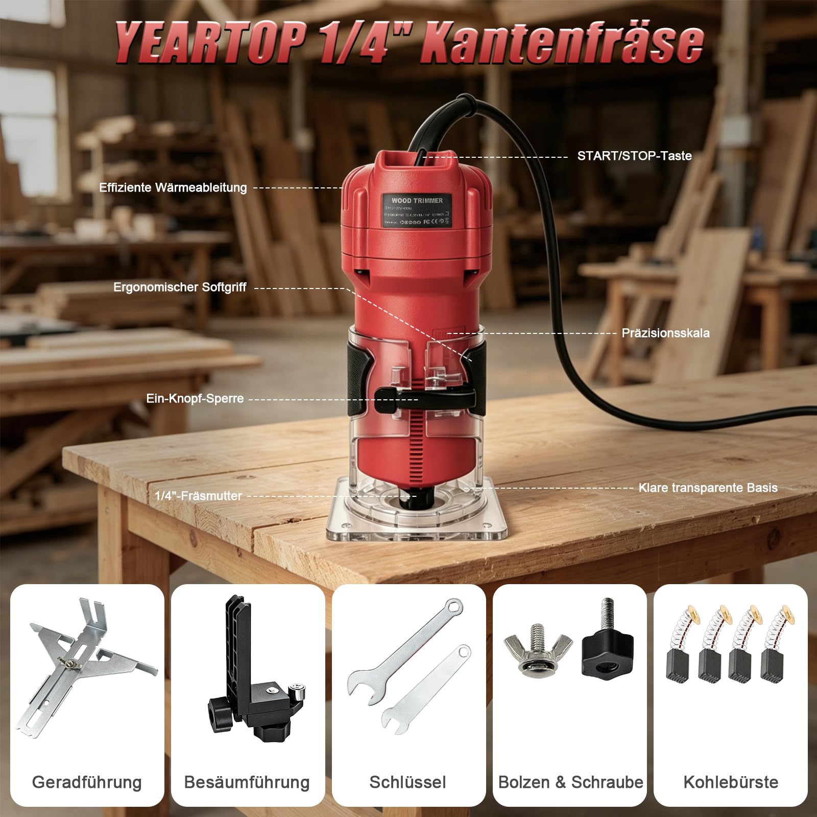 YEARTOP Kantenfräse Holz 800W, Oberfräse Set mit 6tlg. Fräsern in Holzbox, 31000 U/min Einhandfräse Elektro, Palstikbasis & Parallelanschlag Kopierführung für Holzbearbeitung Präzises Trimmen & Nuten