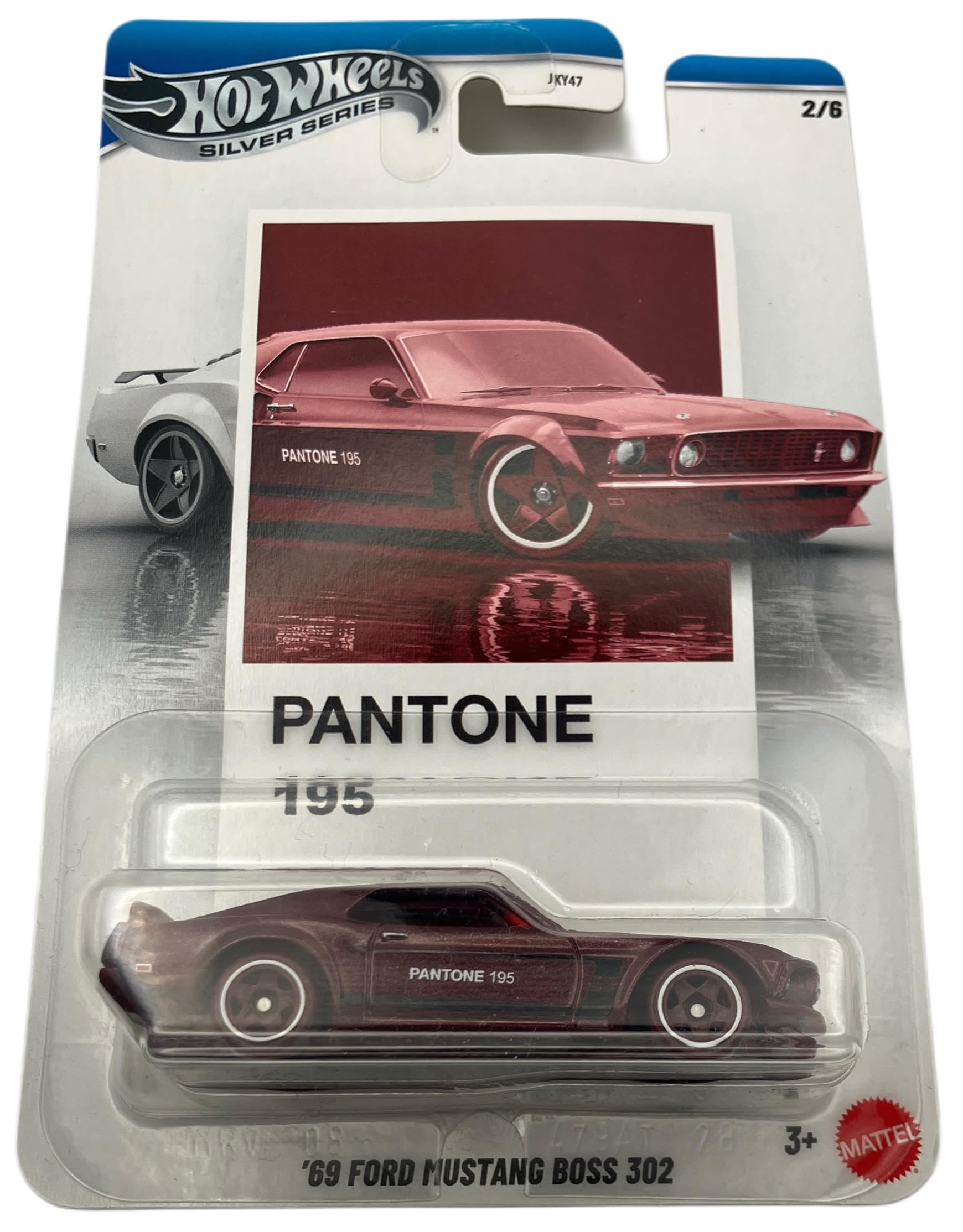 Hot Wheels - '69 Ford Mustang BOSS 302 - JKY48 - Silver Series 2/6 - Pantone 195 - Premium Card - czerwone wino - oficjalny model licencyjny - Mattel 2026-1:64 - Pantone Color Edition
