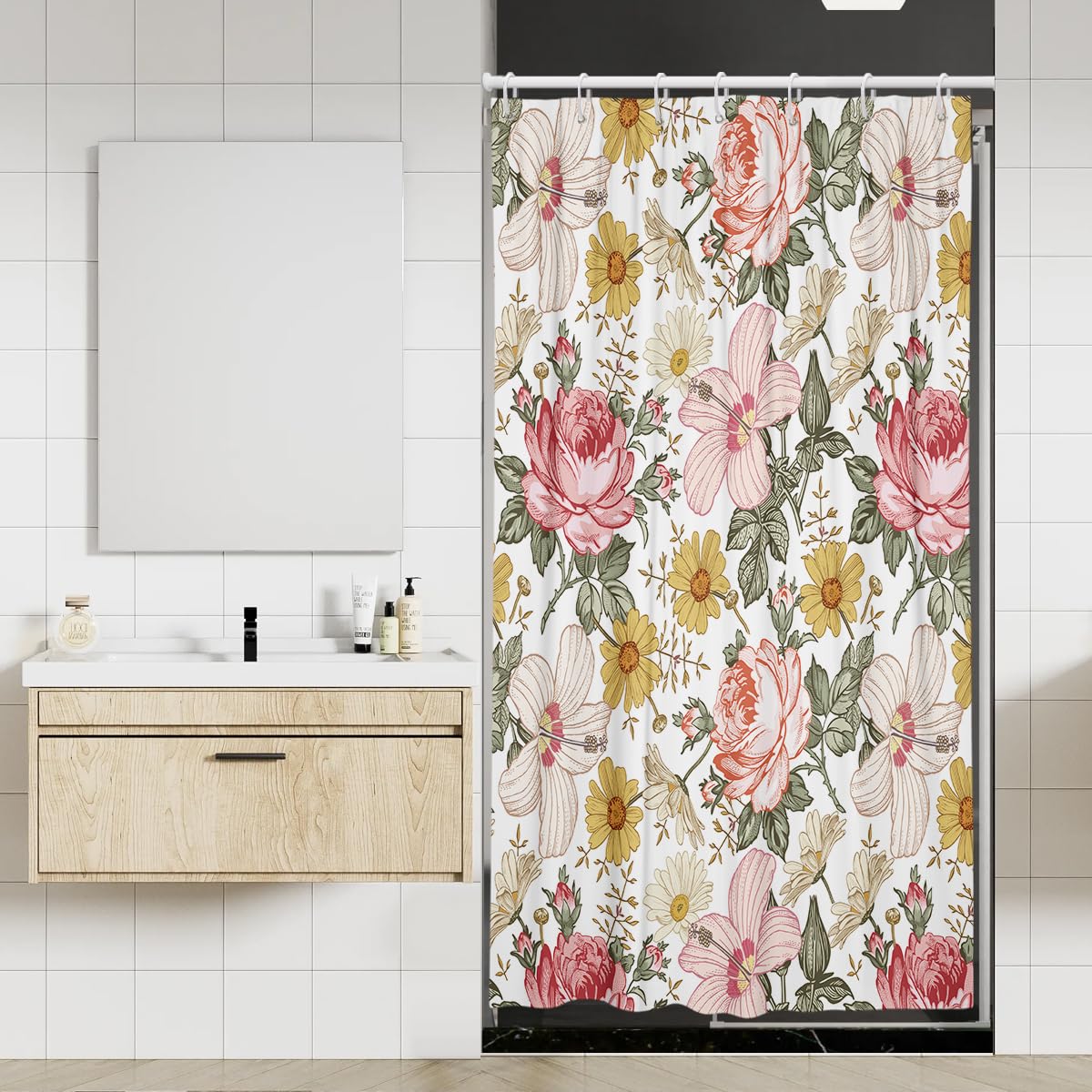Coxila Pink Floral Shower Curtain 36x72 Inch Stall Half Mini Size Stand up Boho Vintage Flower Retro Colorful Girls Botanical White Green Yellow
