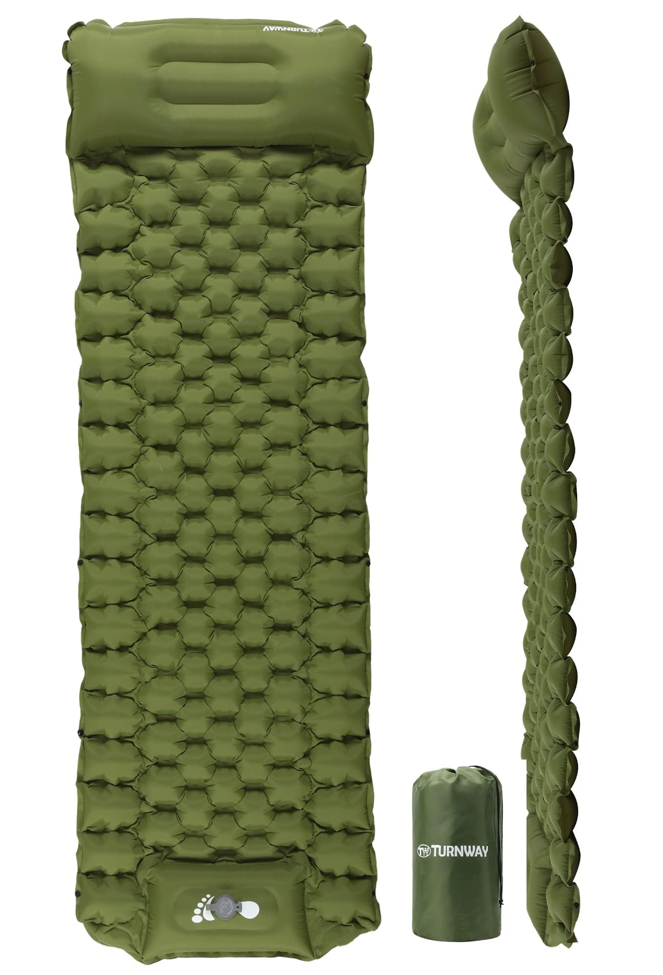 TurnWay Waterproof Lightweight Camping Sleeping Pad Foot Press Inflatable Pad Air Mattress with Pillow for Backpacking, Hiking, Camping, Traveling (Green)