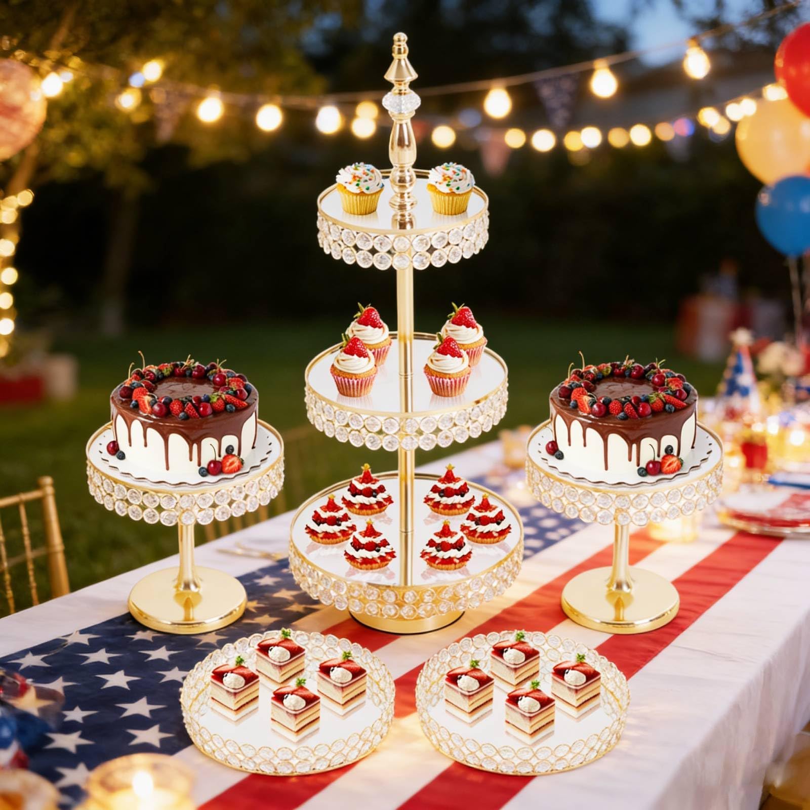 OUKANING 5 Pcs Crystal Gold Cake Stand Round Dessert Cupcake Holder Metal Stand Table Cake Pedestal with Crystal Pendant and Wedding Bead Display Plate for Wedding Birthday Party