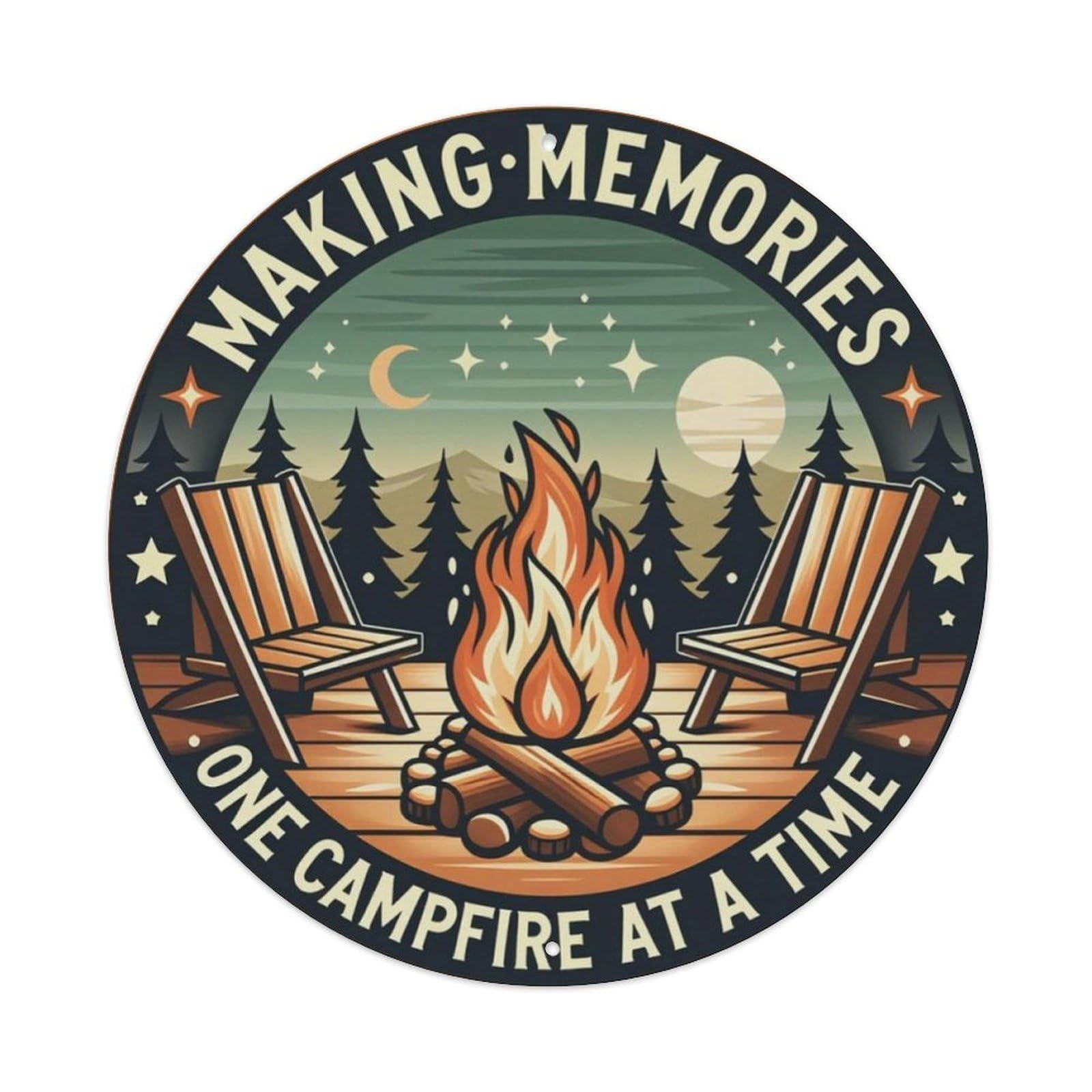Vintage Camping Campfire Scenery Round Metal Tin Sign Vintage Aluminium Metal Sign, Retro Wall Decor for Home, Bar, Garage & Farmhouse 20x20cm