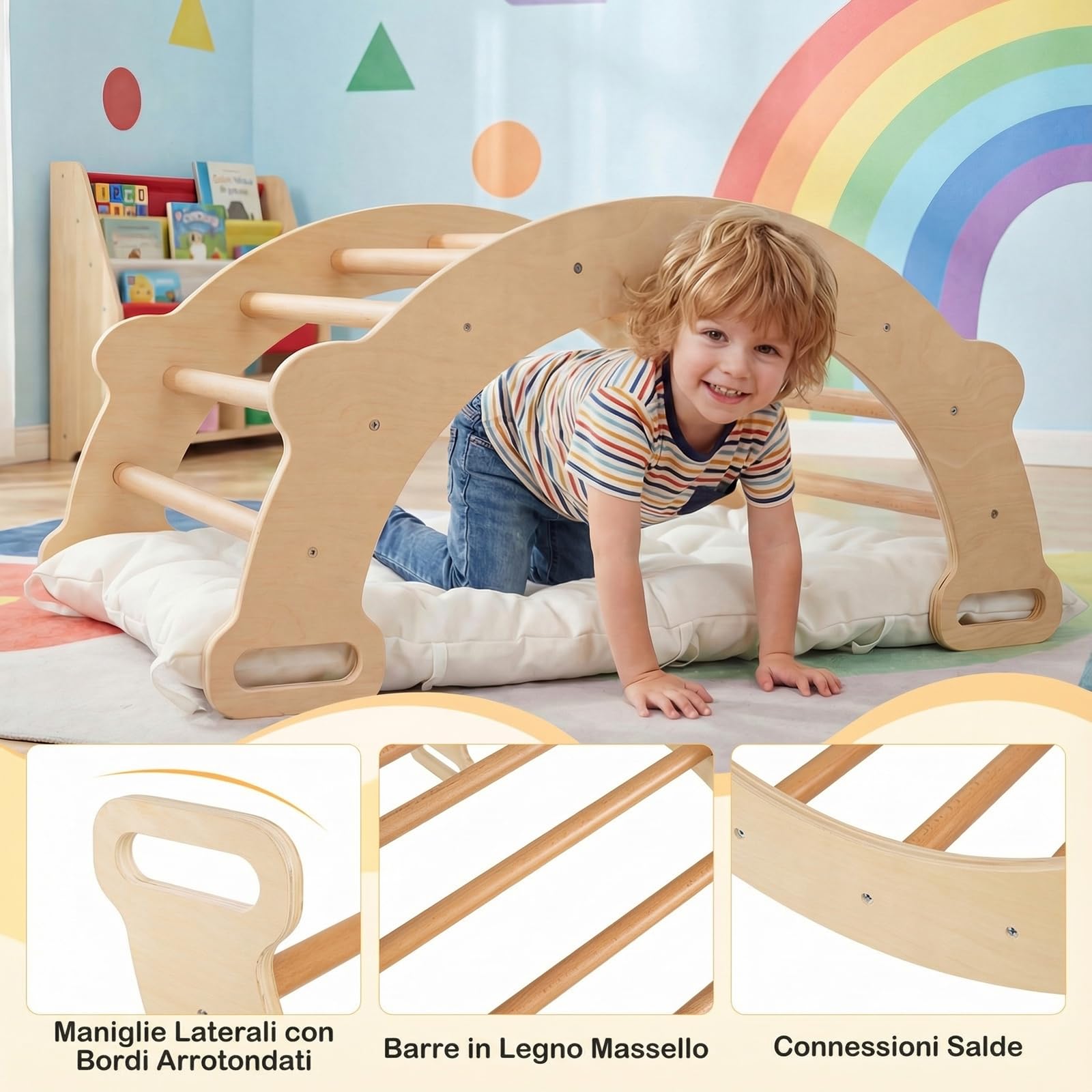 RELAX4LIFE 3 in 1 Arco da Arrampicata per Bambini con Cuscino Morbido, Triangolo da Arrampicata in Legno, Tunnel per Gattonare, Altalena da Interno per Bambini 1+ Anno, 81 x 50,5 x 38 cm (Naturale)