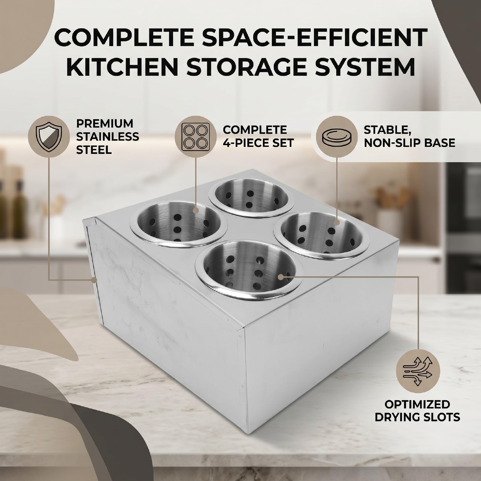 Luocute Soporte para Utensilios de Cocina de Acero Inoxidable con 4 Ranuras, Organizador de Cubiertos para Tenedores, Cucharas y Palillos