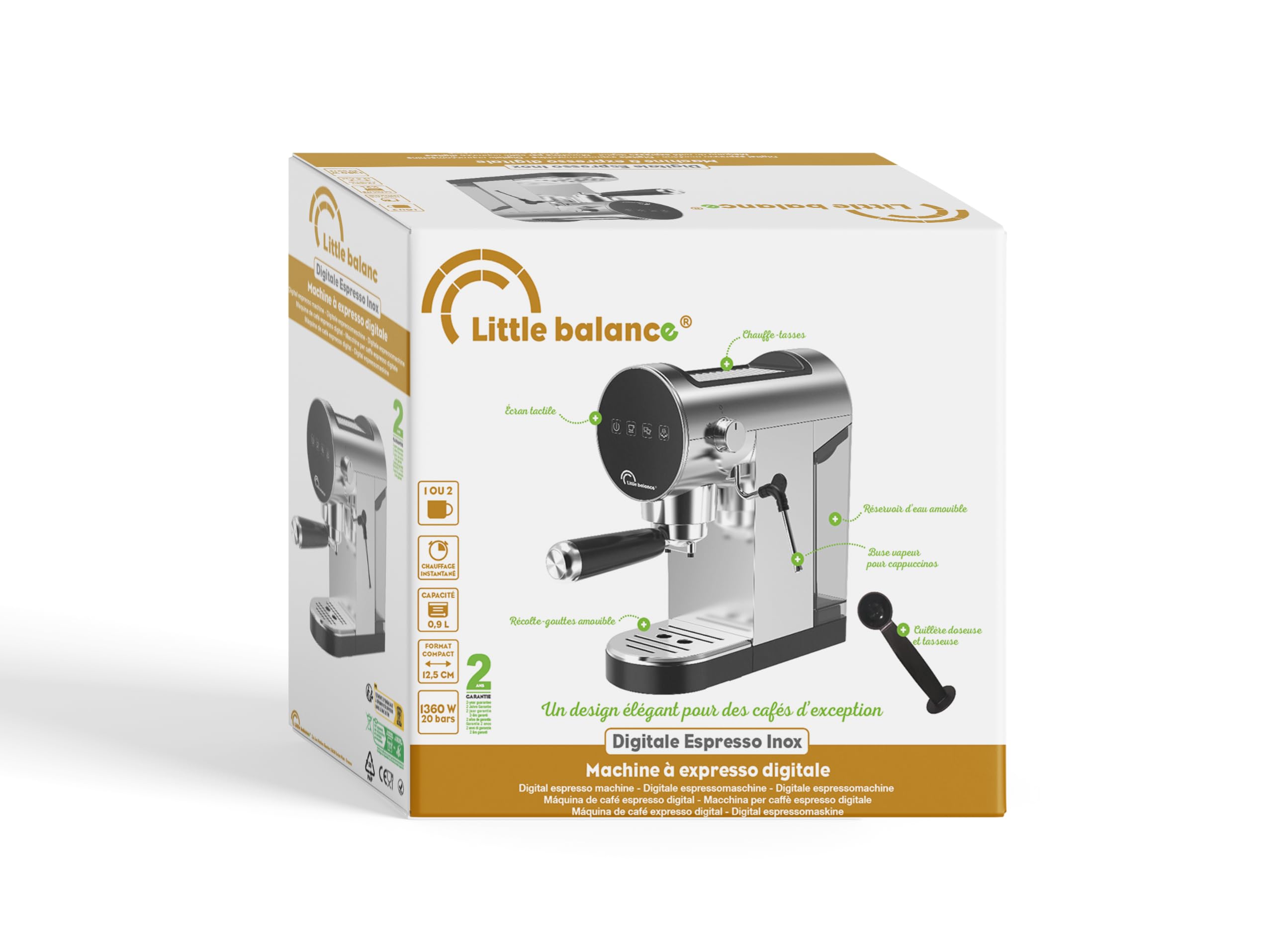 LITTLE BALANCE Cyfrowy ekspres do kawy 3034 ze stali nierdzewnej, ekspres do kawy z spieniaczem do mleka do Cappuccino, ekspres do kawy 20 barów, wyjmowany zbiornik 0,9 l, ultra kompaktowy, ekran