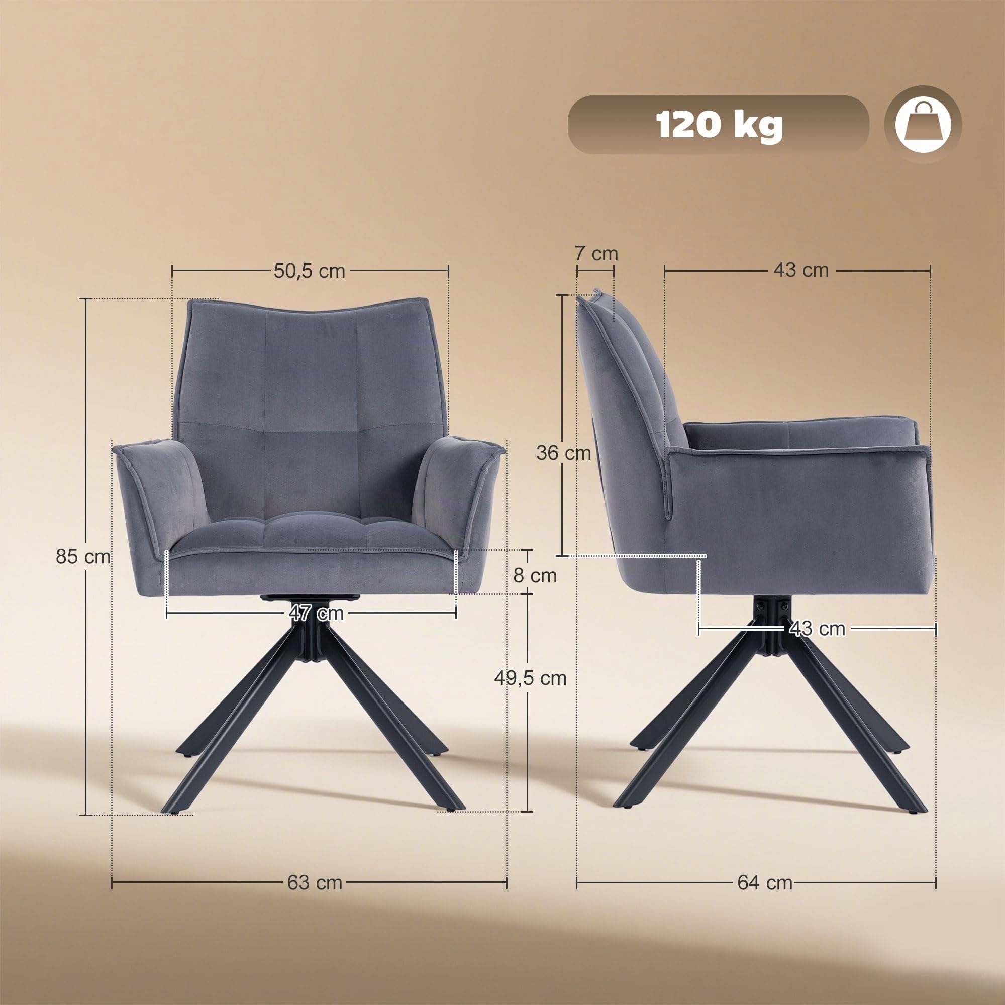 HOMCOM Juego de 2 Sillas de Comedor Giratorias 360° con Reposabrazos Gris | Sillas de Cocina, Respaldo Acolchado, Tapizado en Terciopelo, Patas de Acero, para Oficina, Conferencia, Sala de Estar